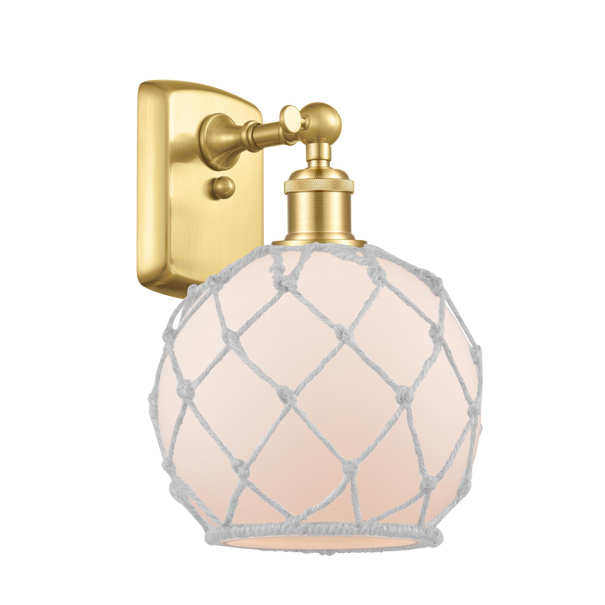 Shown in Satin Gold finish and White Farmhousewith White Rope glass