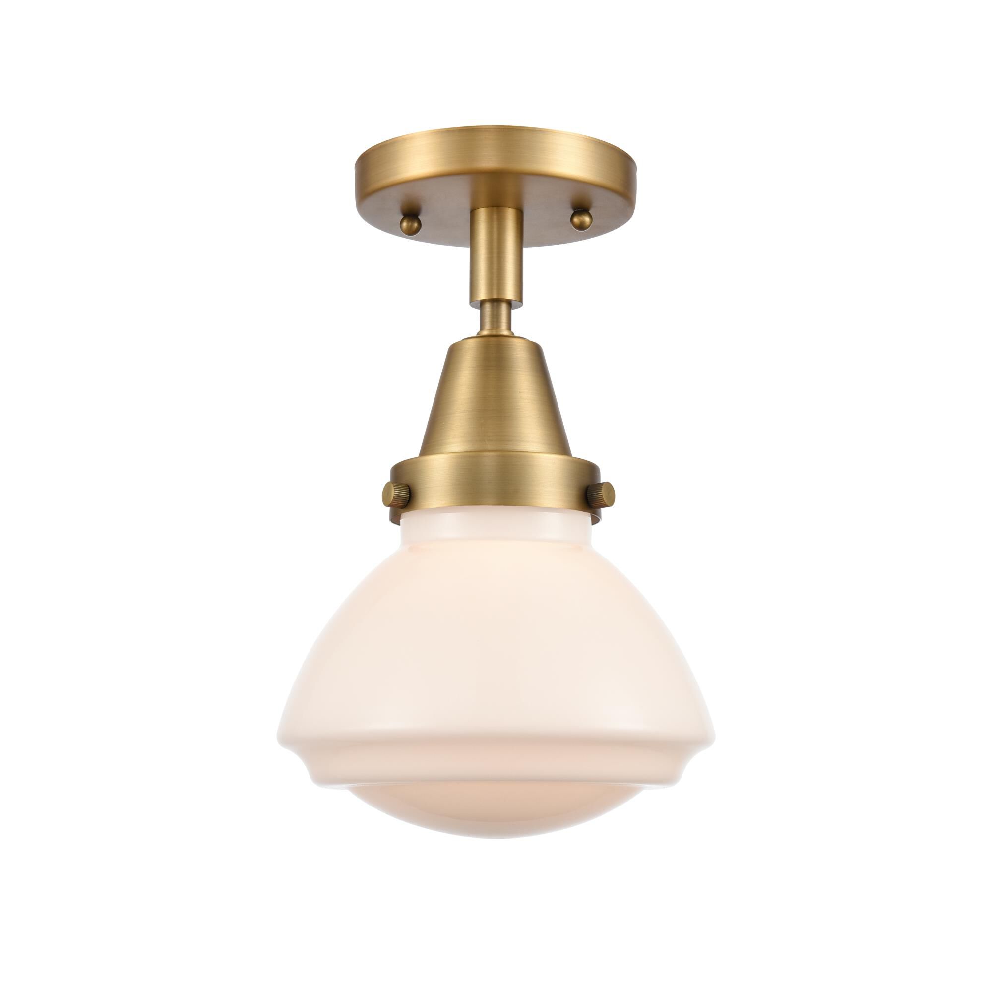 Shown in Brushed Brass finish and Matte White Olean glass and No Shade shade