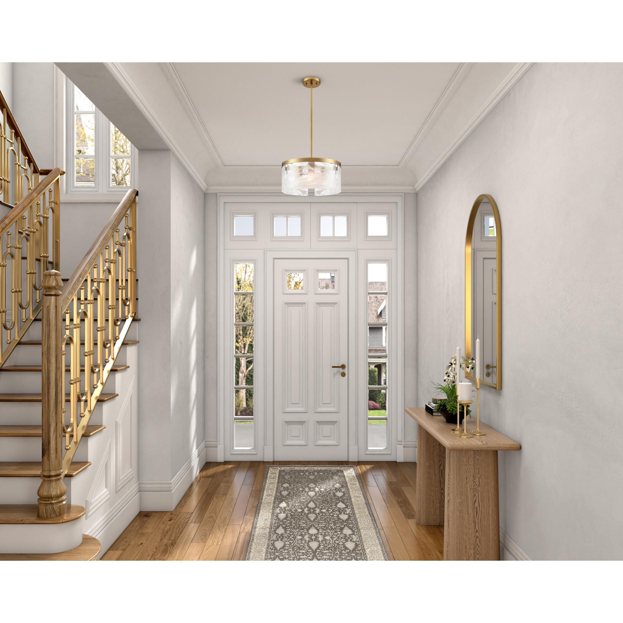 Shown in Brass finish and Clear Alabaster glass