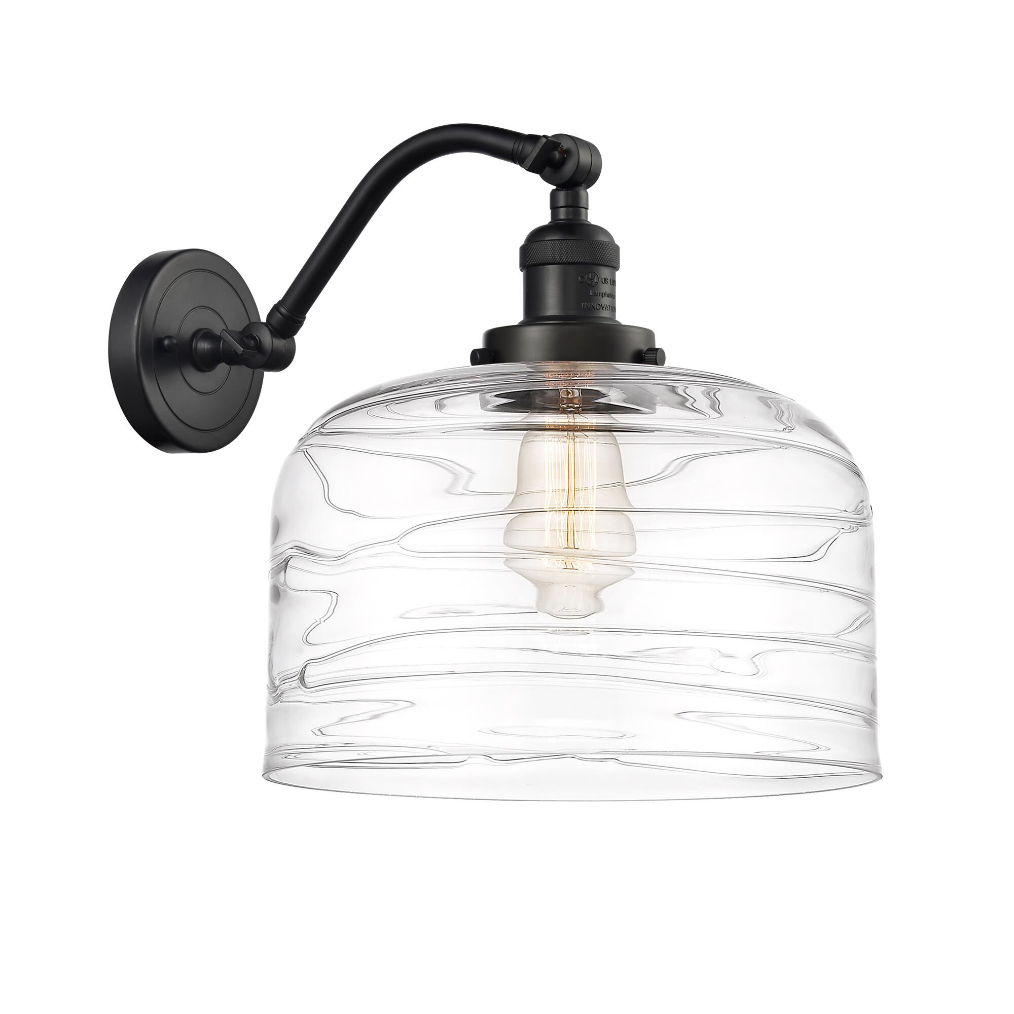 Shown in Oil Rubbed Bronze finish and Clear Deco Swirl X-Large Bell glass