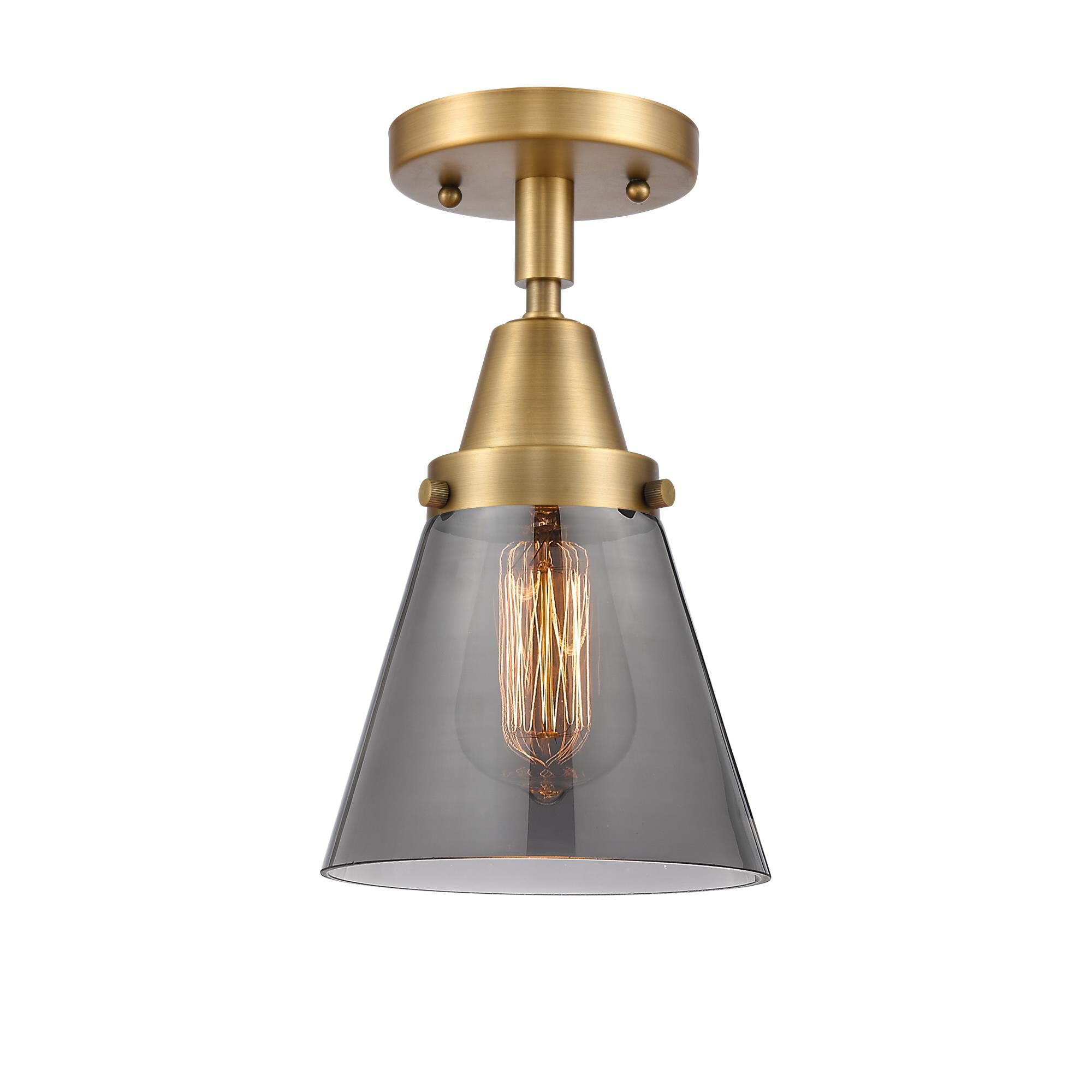 Shown in Brushed Brass finish and Plated Smoke Small Cone glass