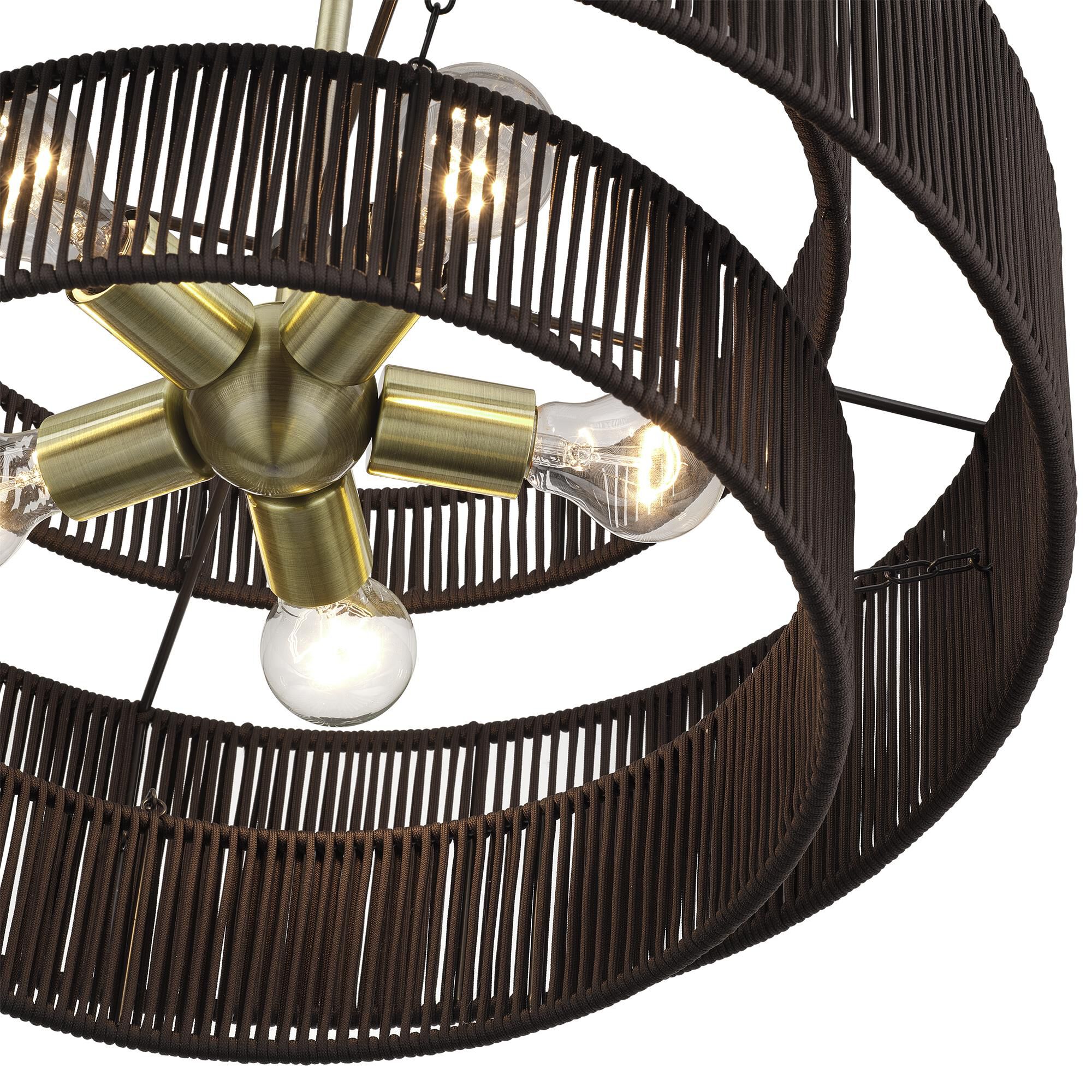 Shown in Antique Brass finish and Hand-Woven Dark Chocolate Color Polyester Rope shade