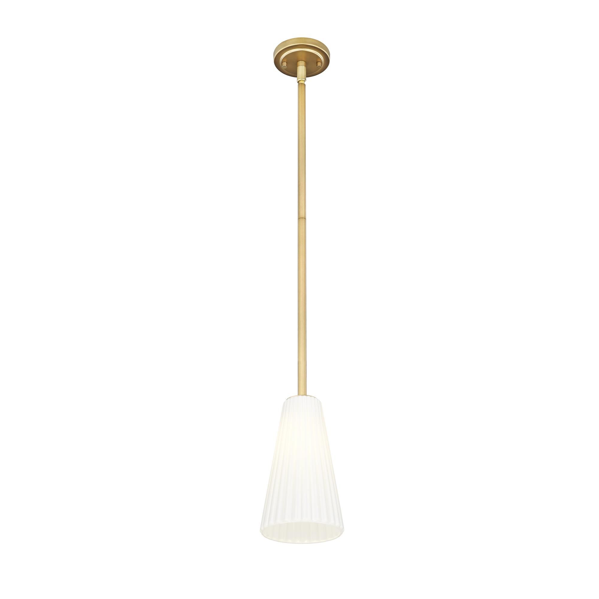 Shown in Modern Gold finish and White glass and White shade