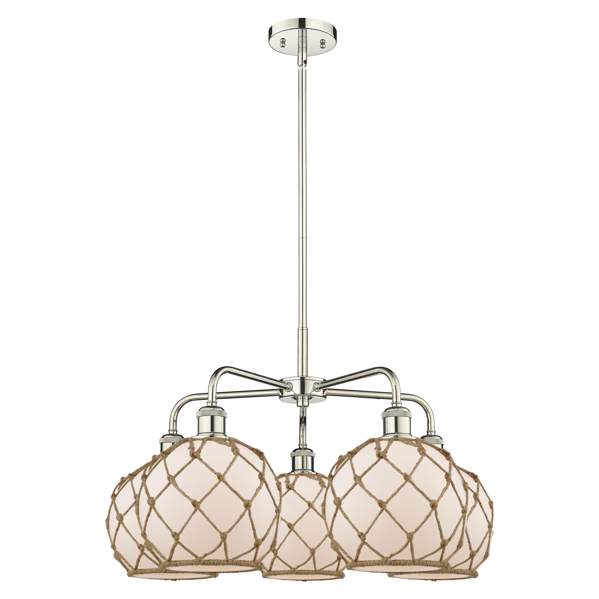 Shown in Polished Nickel finish and White with Brown Rope glass