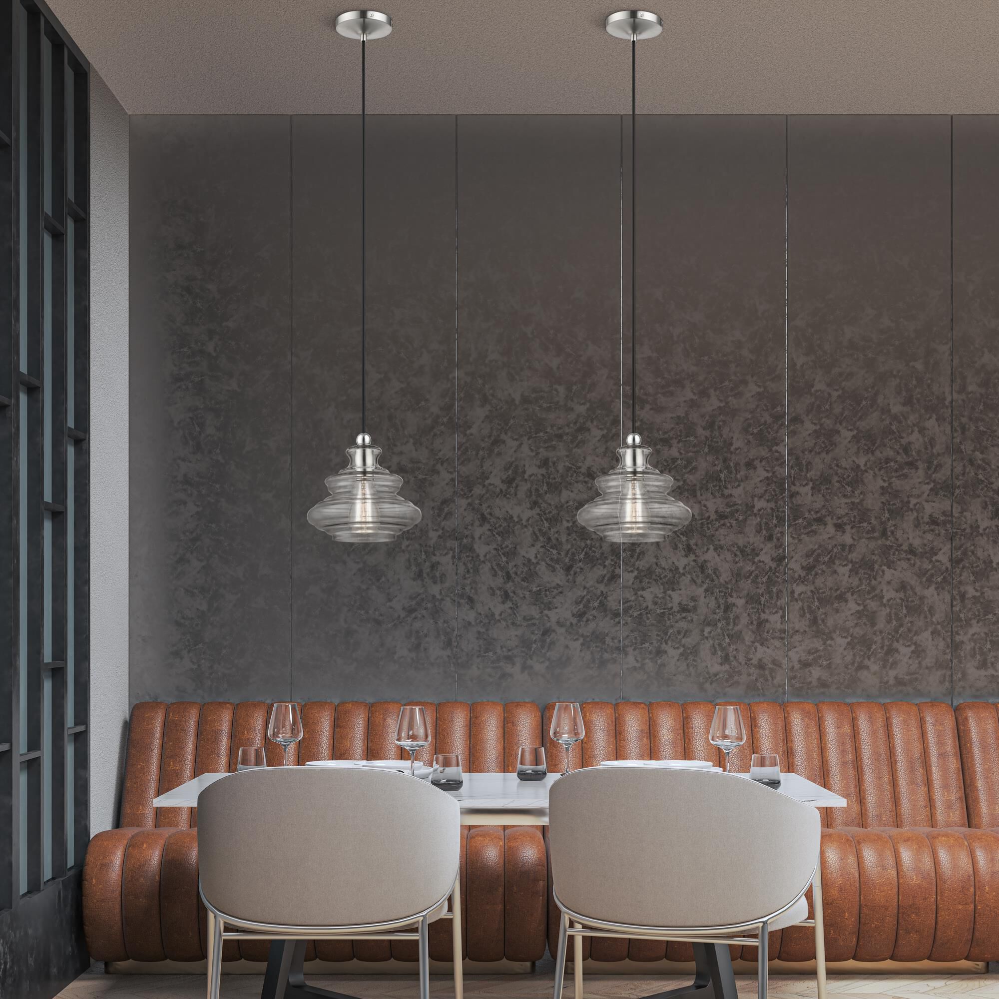 Shown in Brushed Nickel With Chrome Accents finish and Hand Blown Clear Art glass