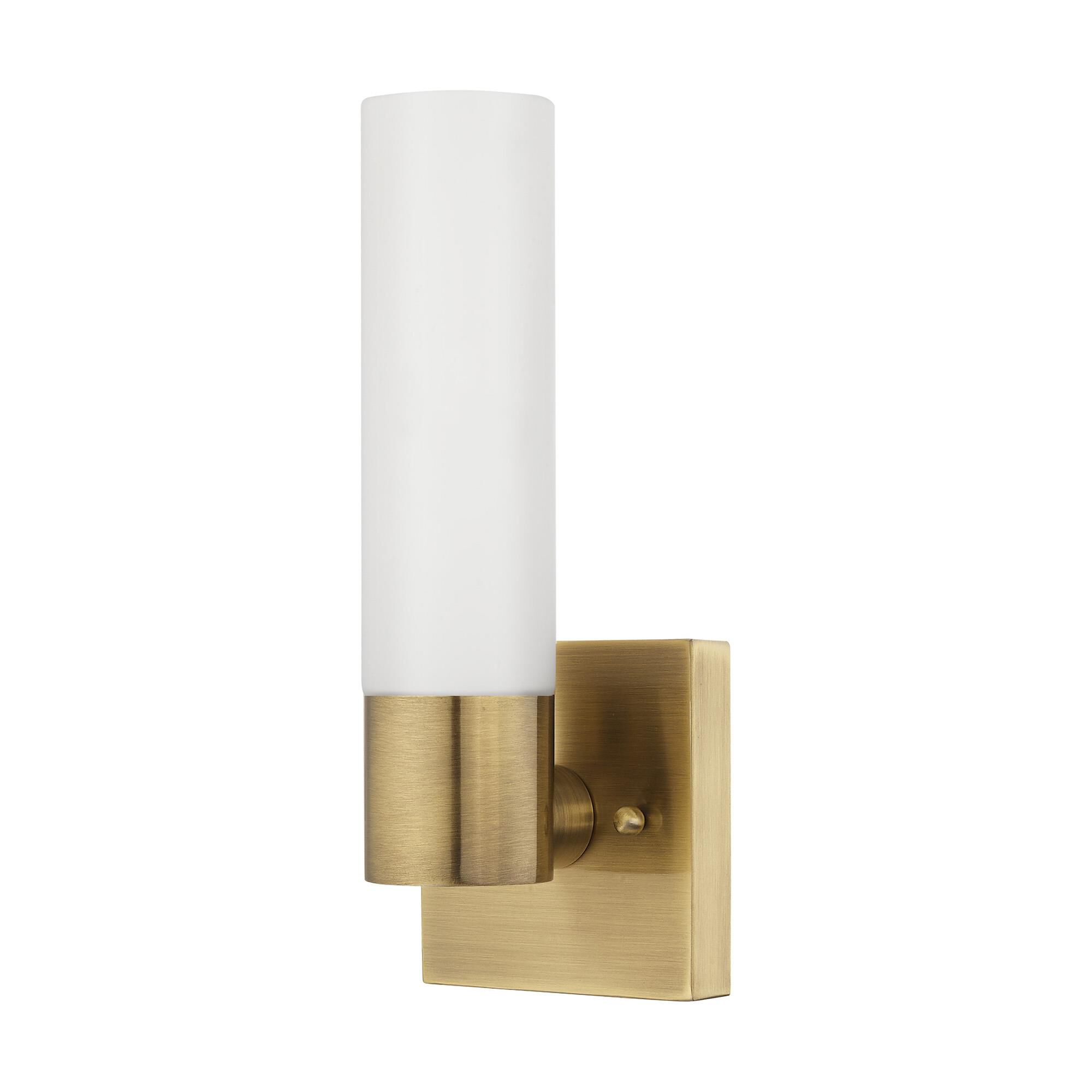 Shown in Antique Brass finish and Hand Blown Satin Opal White Twist Lock glass