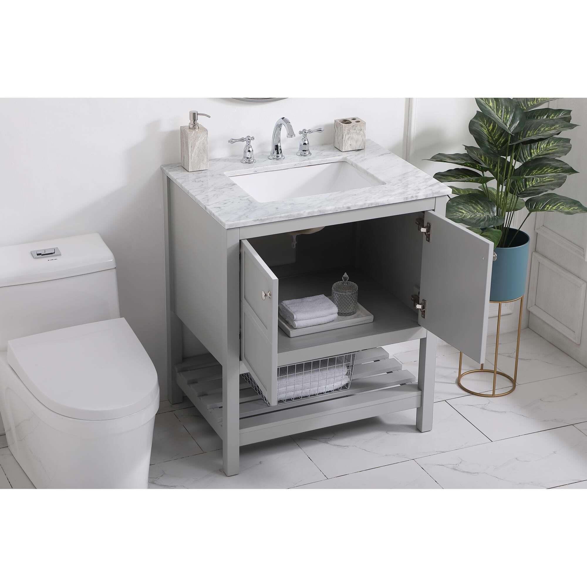 Shown in Gray And Brushed Nickel With Carrara White Marble finish