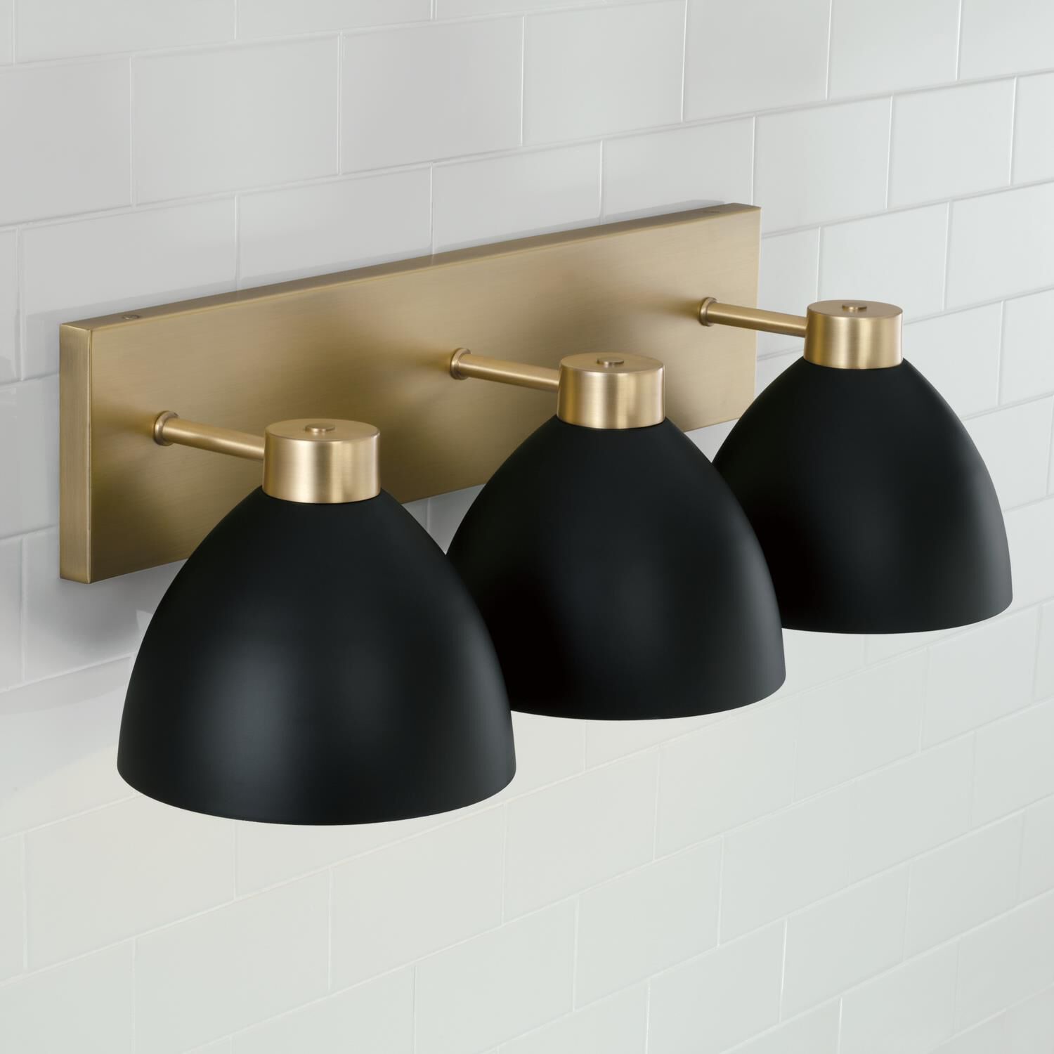 Shown in Aged Brass And Black finish and Matte Black Metal  With White Interior shade