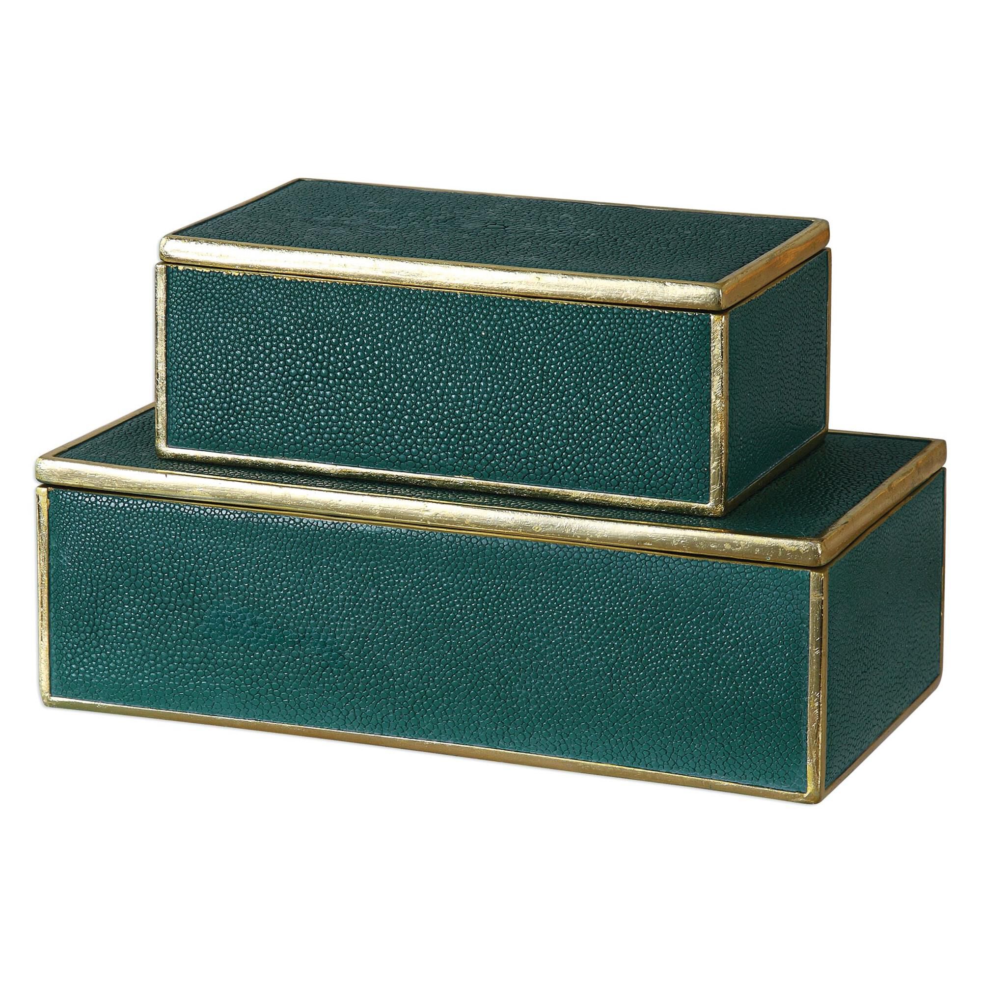 Shown in Emerald Green Boxes With Bright Gold Leaf Trim And Removable Lids. finish