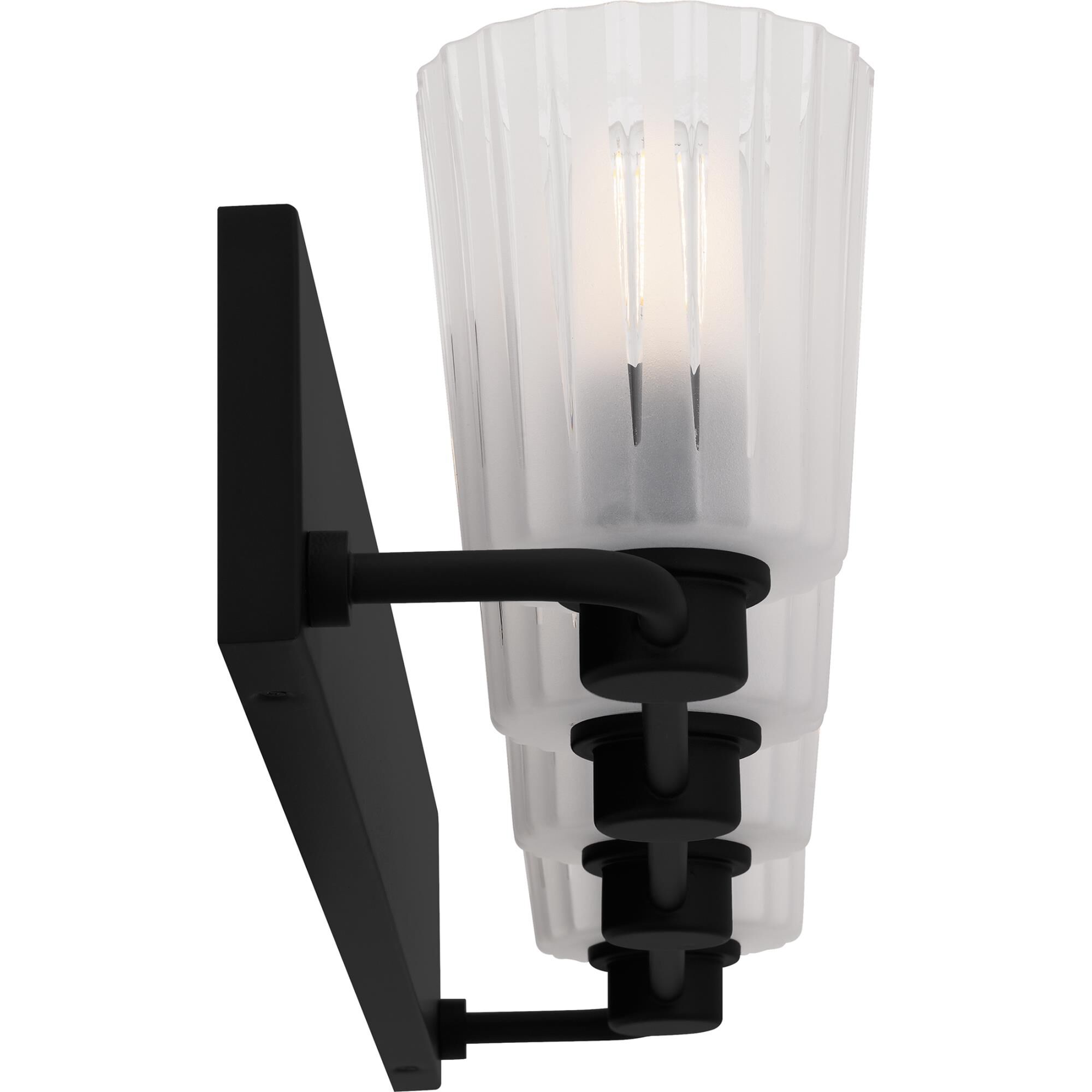 Shown in Matte Black finish and Clear Ribbed Sandblasted Glass shade