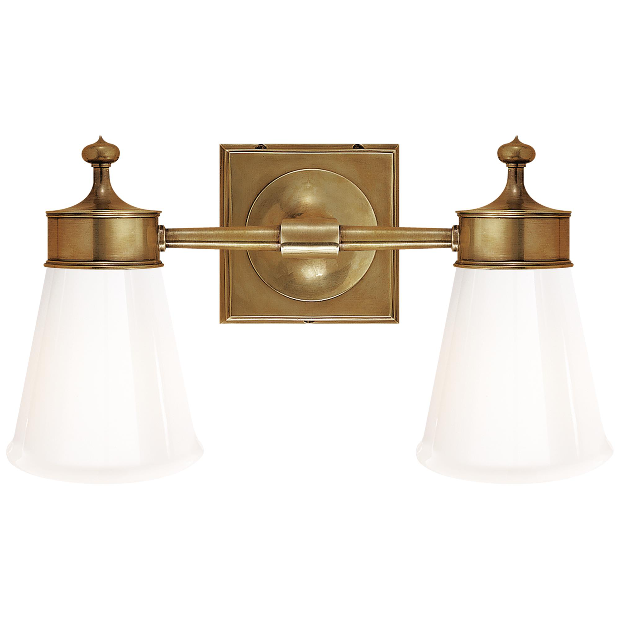 Shown in Hand-Rubbed Antique Brass finish and White glass