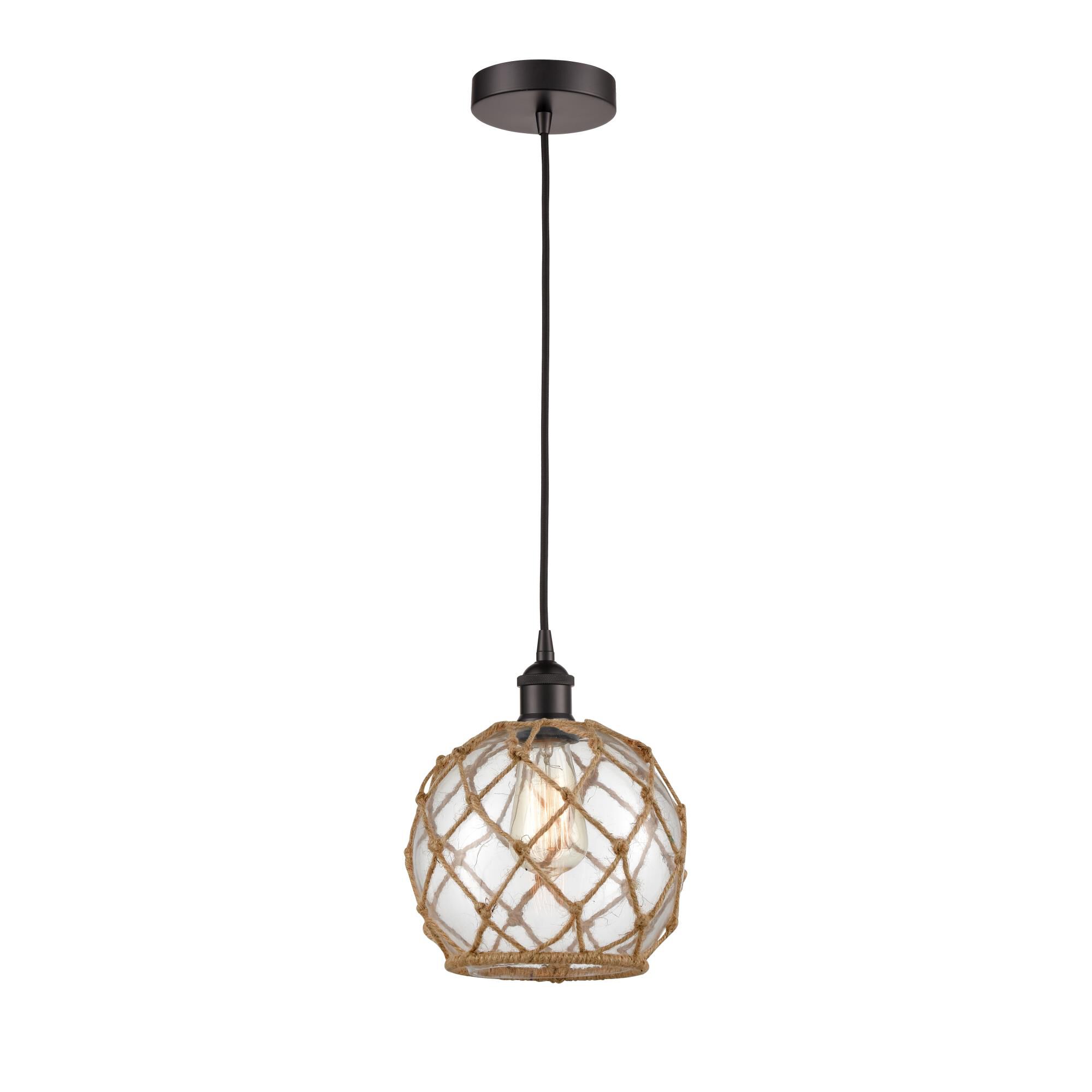Shown in Oil Rubbed Bronze finish and Clear Farmhouse With Brown Rope glass