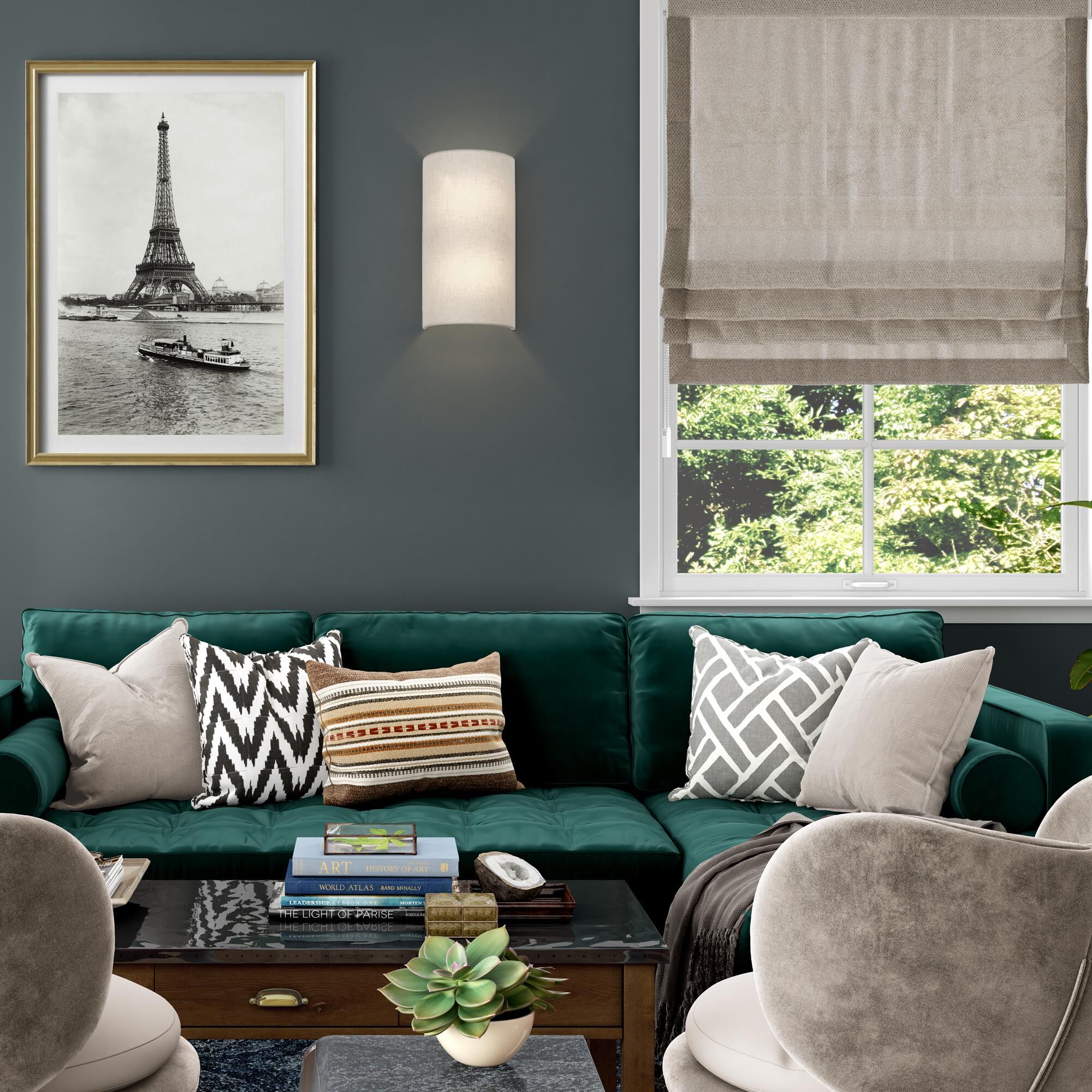 Shown in English Bronze finish and Hand Crafted Oatmeal Color Fabric with White Color Inside shade