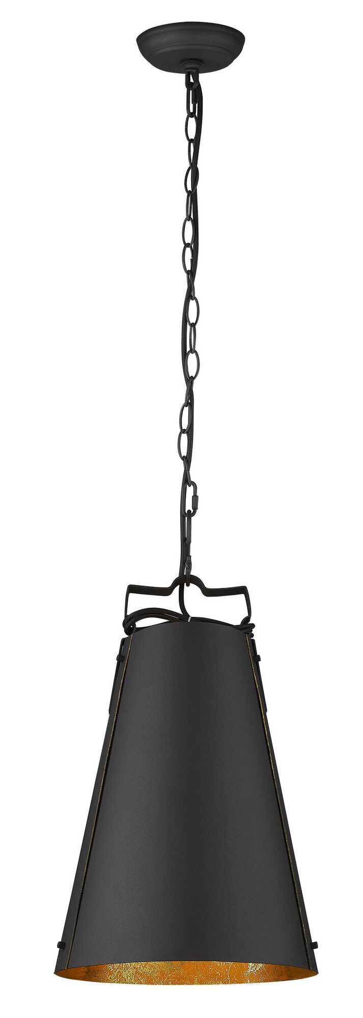 Shown in Matte Black finish and Black glass and Black Metal Cone Shaped  W/ Gold Interior shade