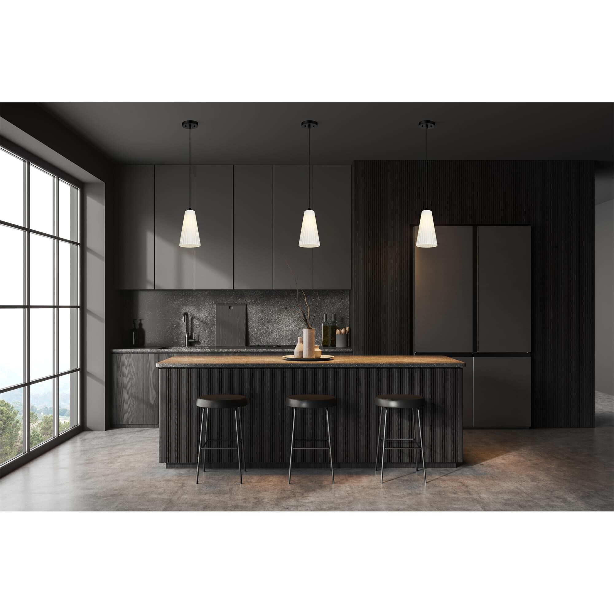 Shown in Matte Black finish and White glass and White shade