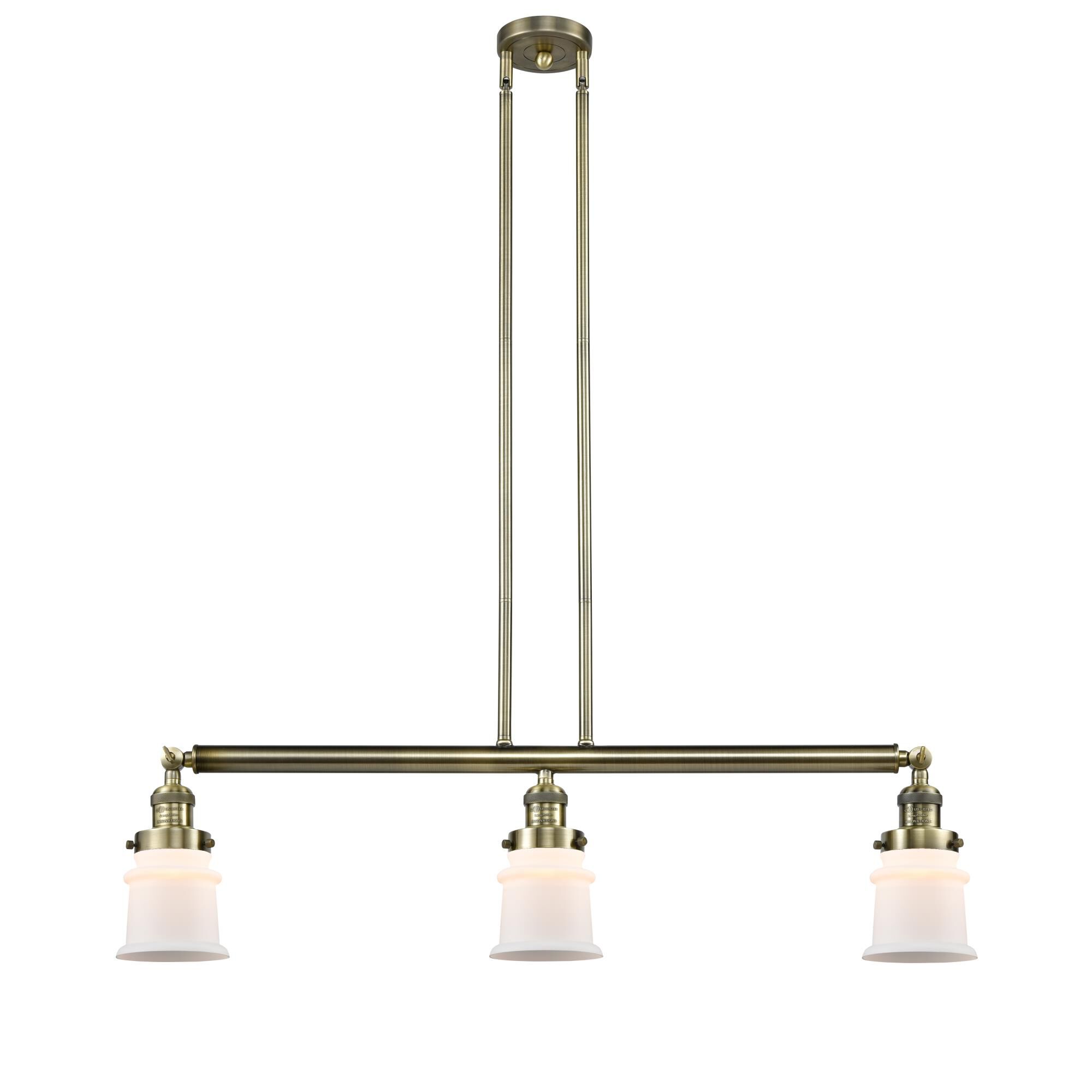 Shown in Antique Brass finish and Matte White Canton glass