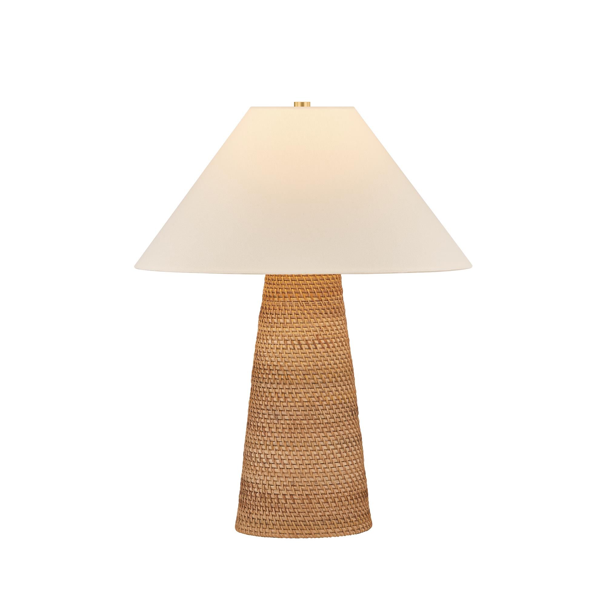 Shown in Aged Brass finish and Rattan Natural Woven shade