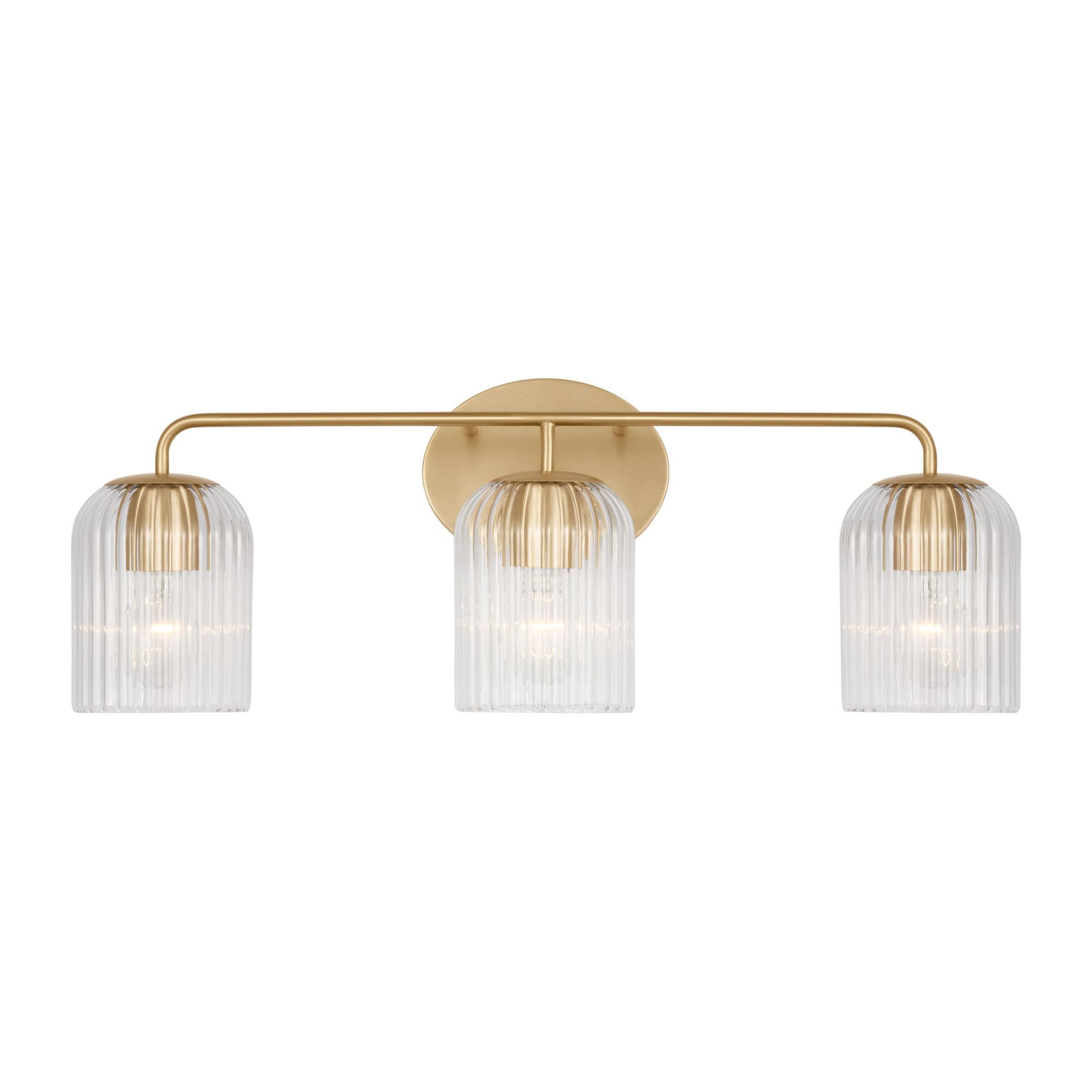 Shown in Satin Brass finish and Clear Ribbed glass