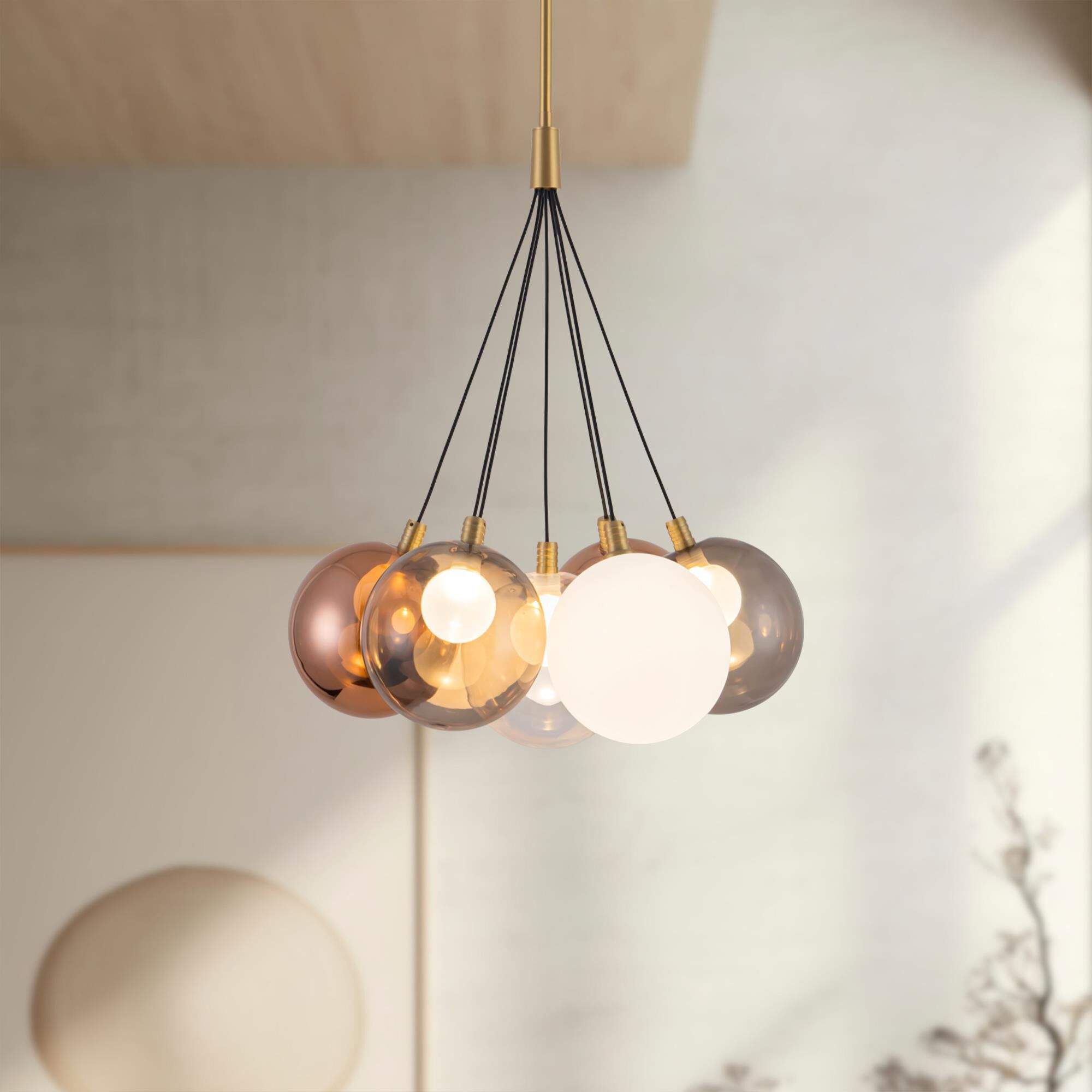 Shown in Brushed Gold finish and Clear, Copper, Opal, Smoked glass