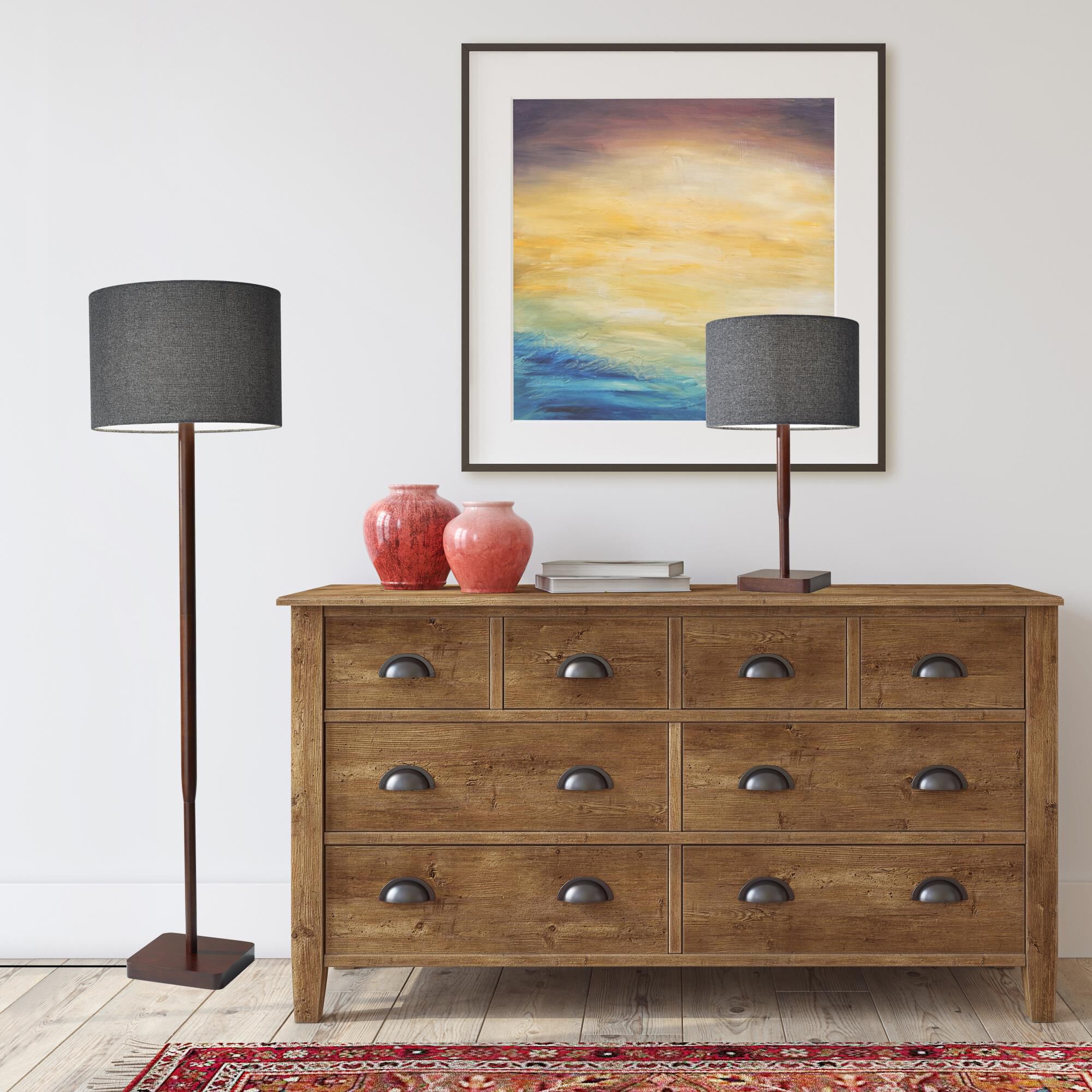 Shown in Walnut Rubber Wood finish and Dark Grey Textured Fabric shade