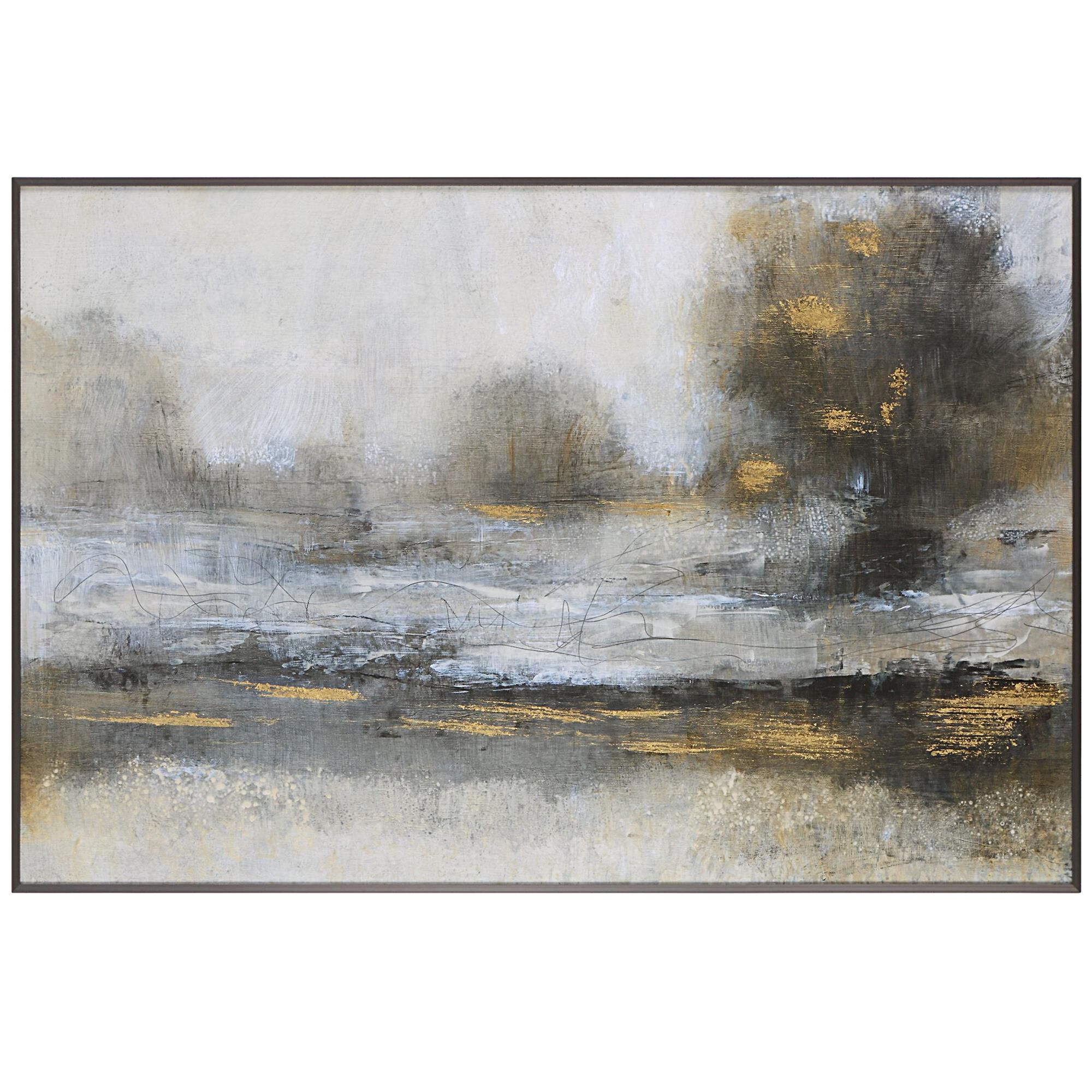 Shown in Gold Leaf Gallery Style Frame, No Glass, Embellished Landscape Print, Gold Leaf, Gray, Black, Blue finish