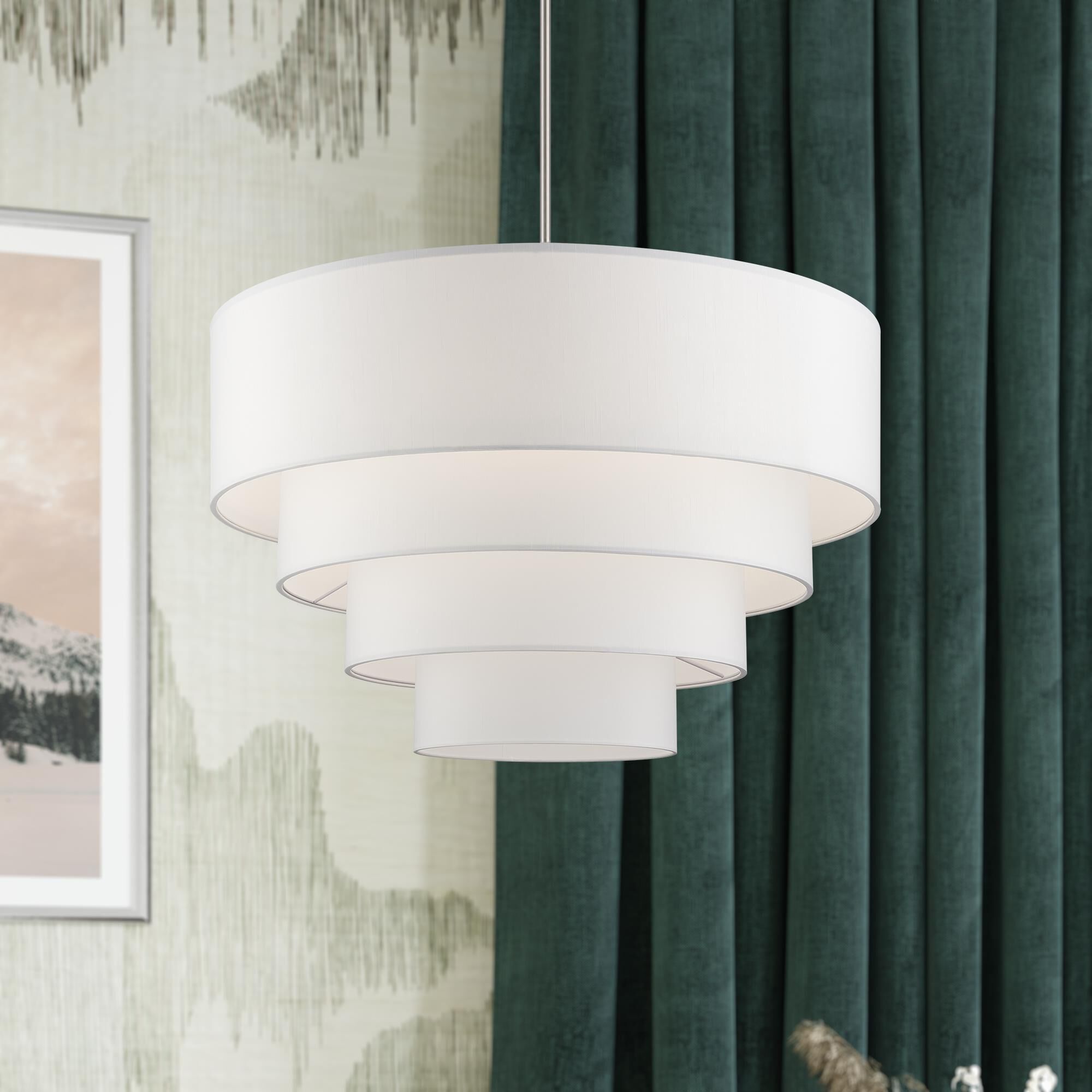 Shown in Brushed Nickel finish and Hand Crafted Off-White Fabric Hardbacks with White Fabric Inside shade