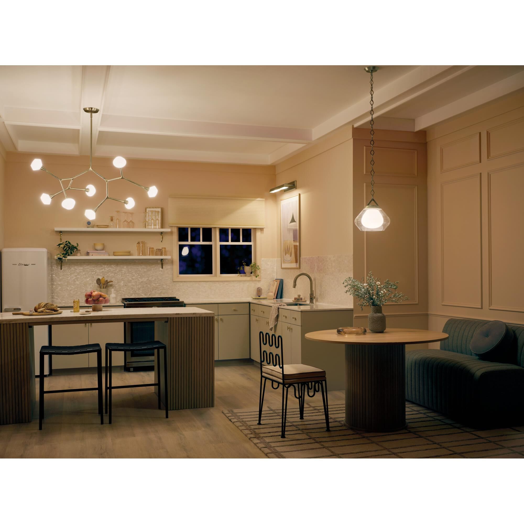 Shown in Champagne Bronze finish and Opal glass