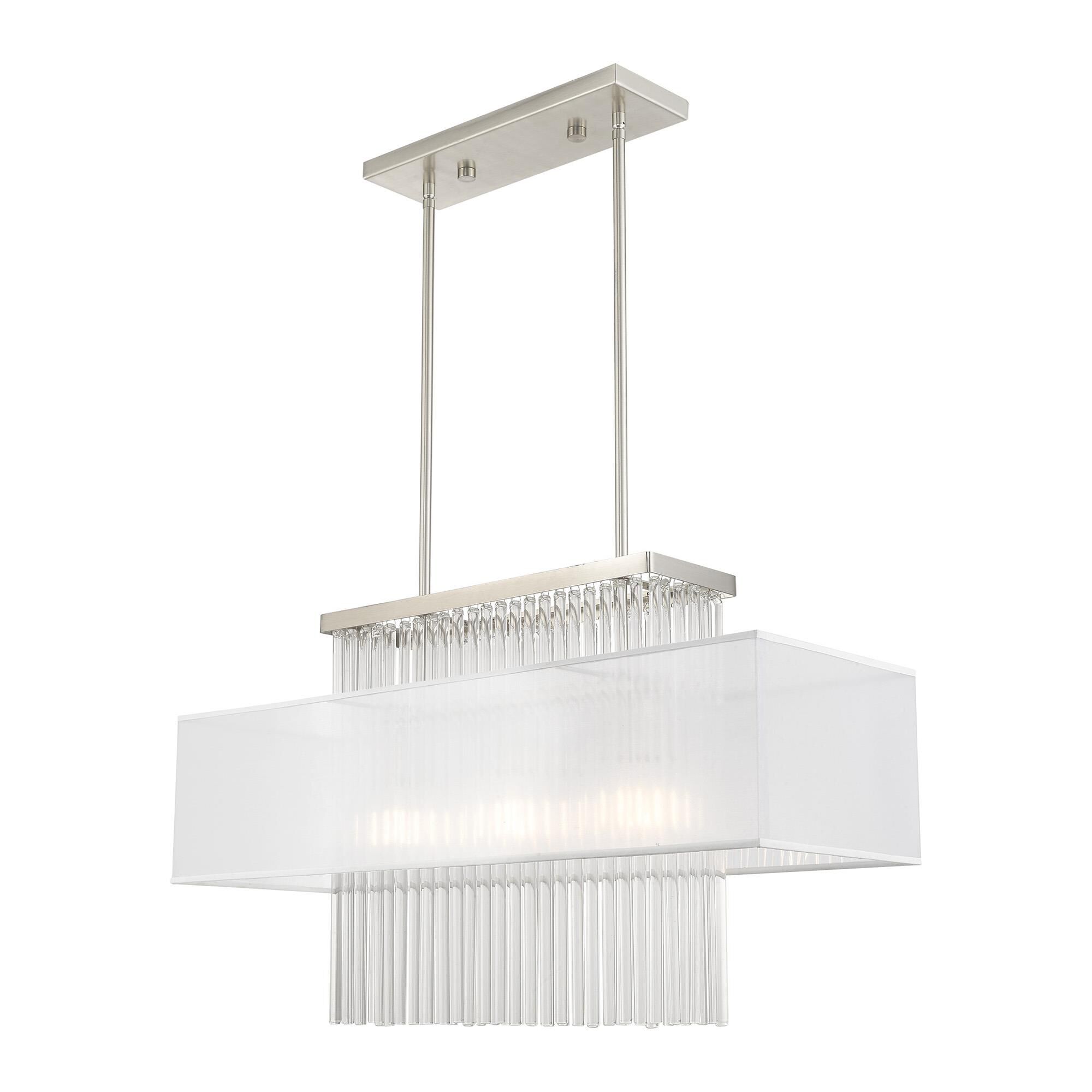 Shown in Brushed Nickel finish and Clear Crystal Rods with Hand Crafted Translucent Fabric shade