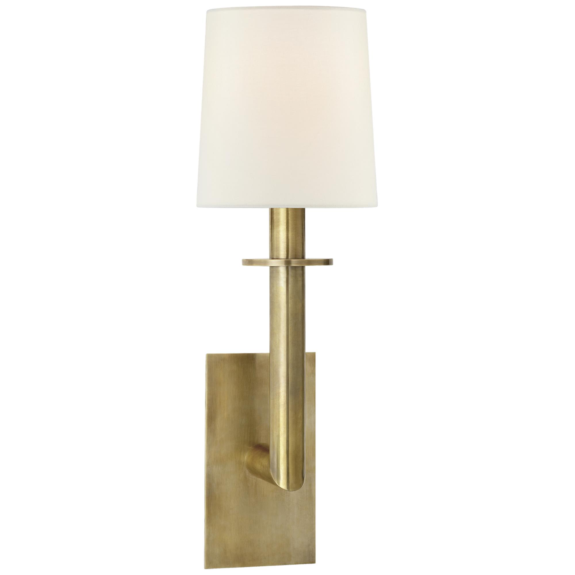 Shown in Hand-Rubbed Antique Brass finish and Linen shade