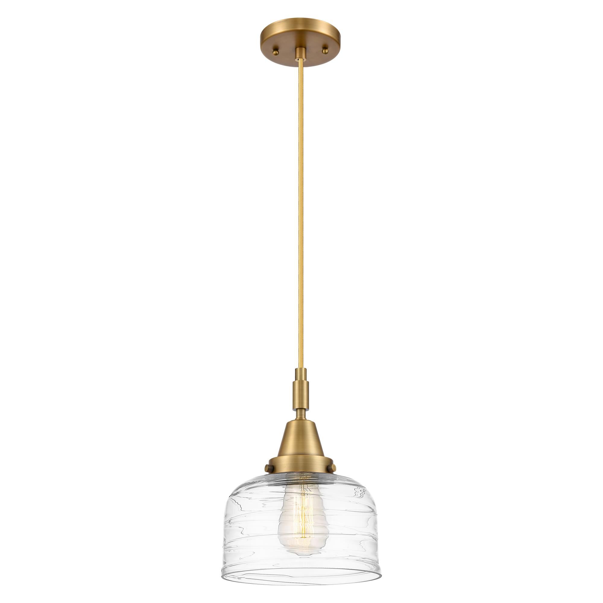 Shown in Brushed Brass finish and Clear Deco Swirl glass