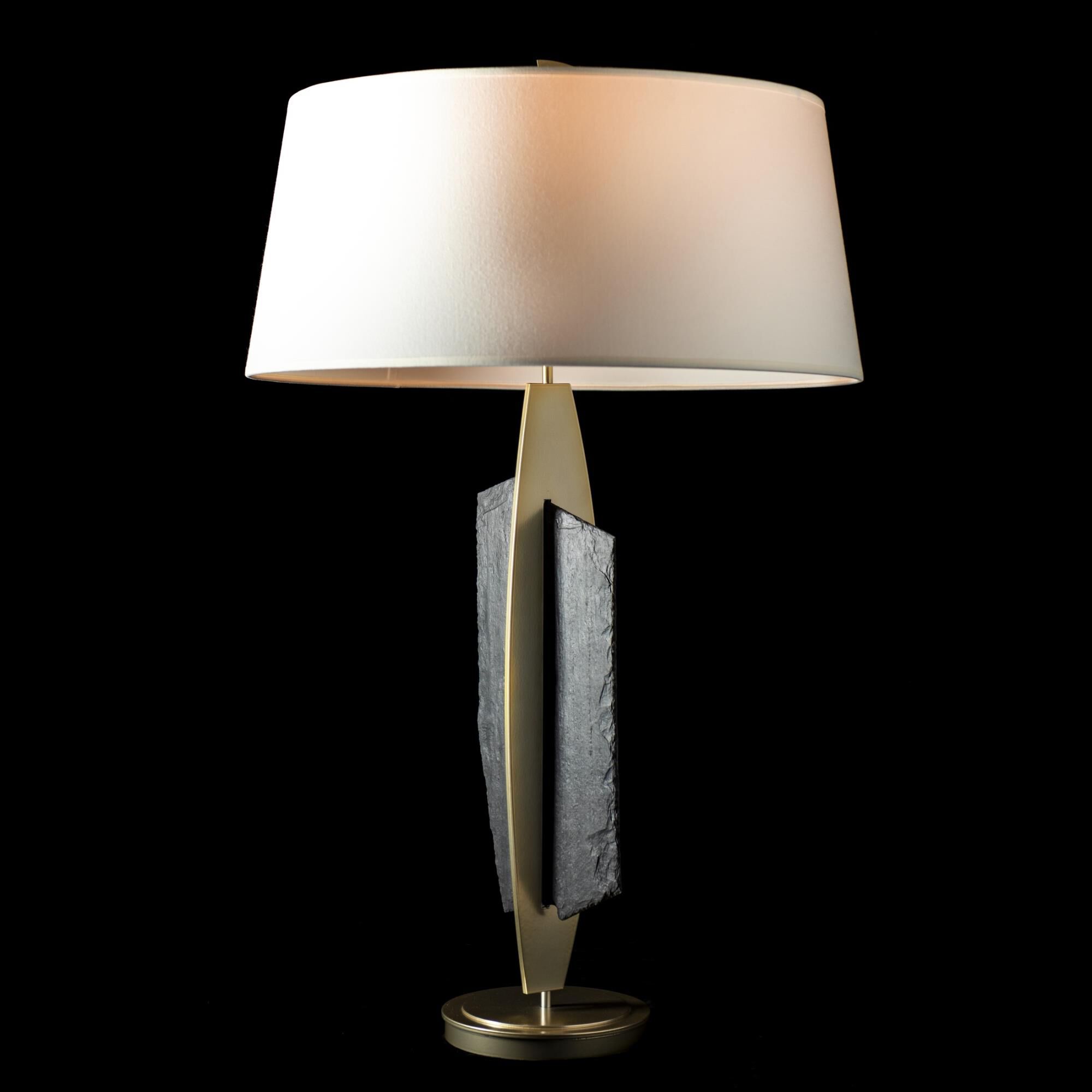 Shown in Modern Brass and Slate finish and Natural Anna shade