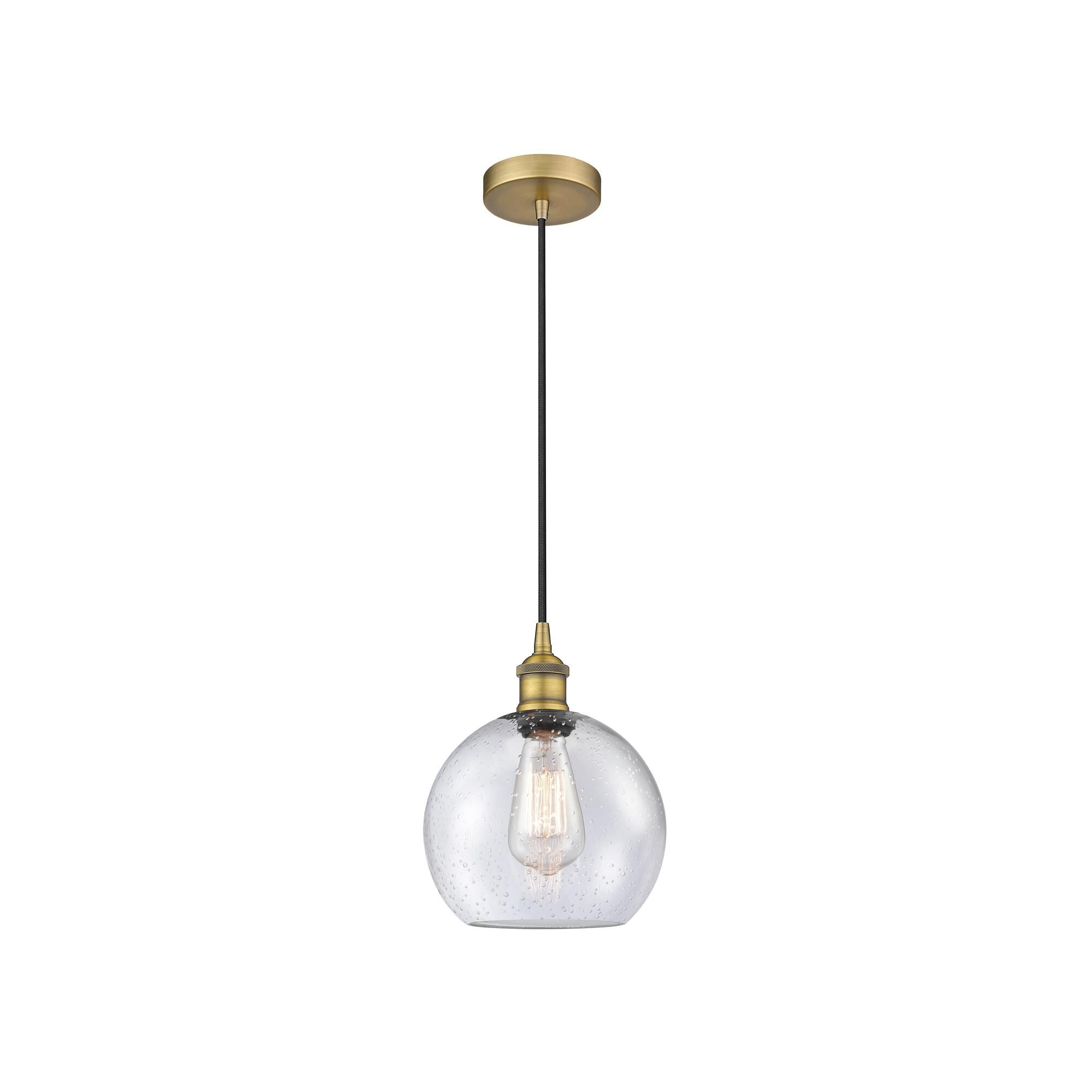 Shown in Brushed Brass finish and Seedy glass