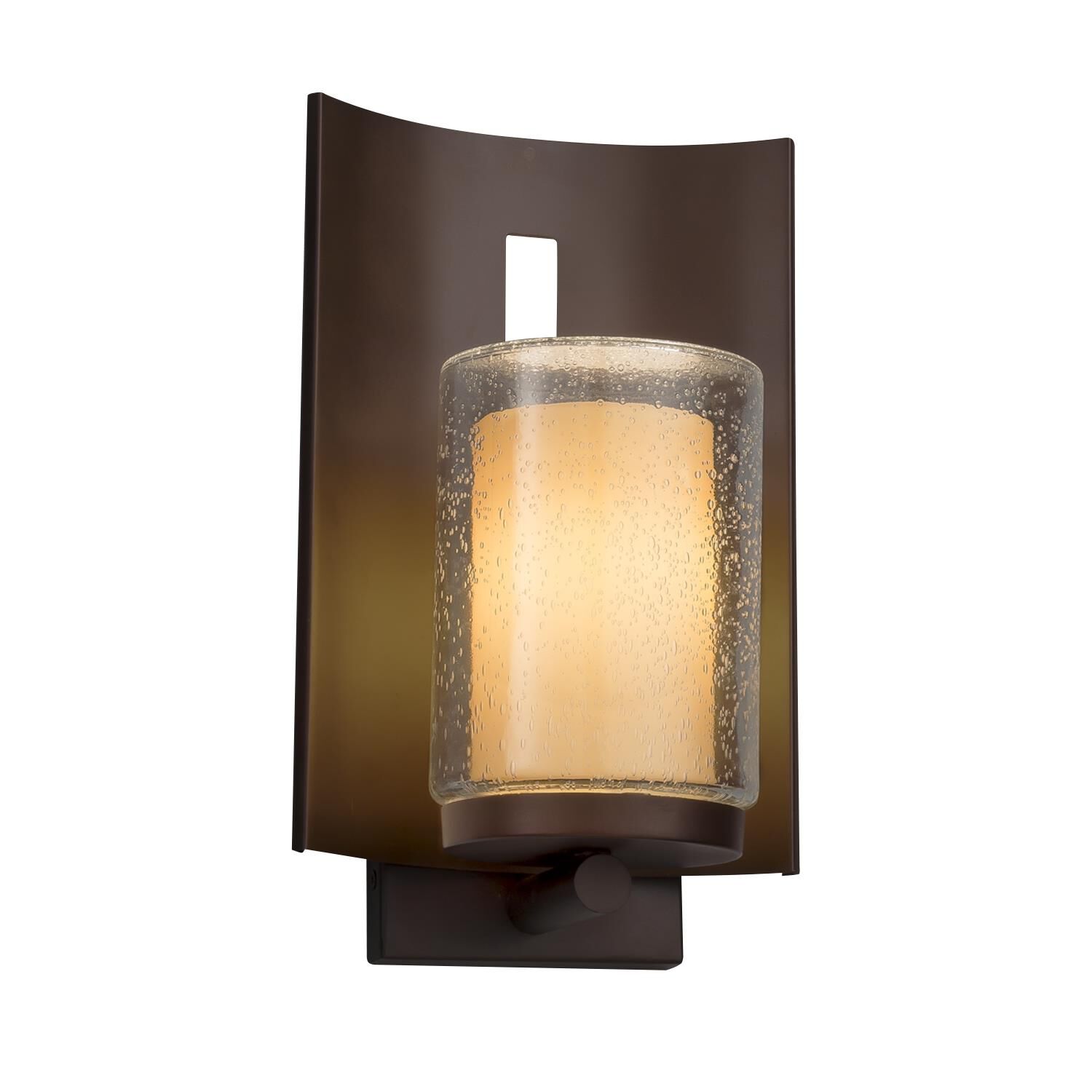 Shown in Dark Bronze finish and Artisan Almond glass and Cylinder with Flat Rim accent