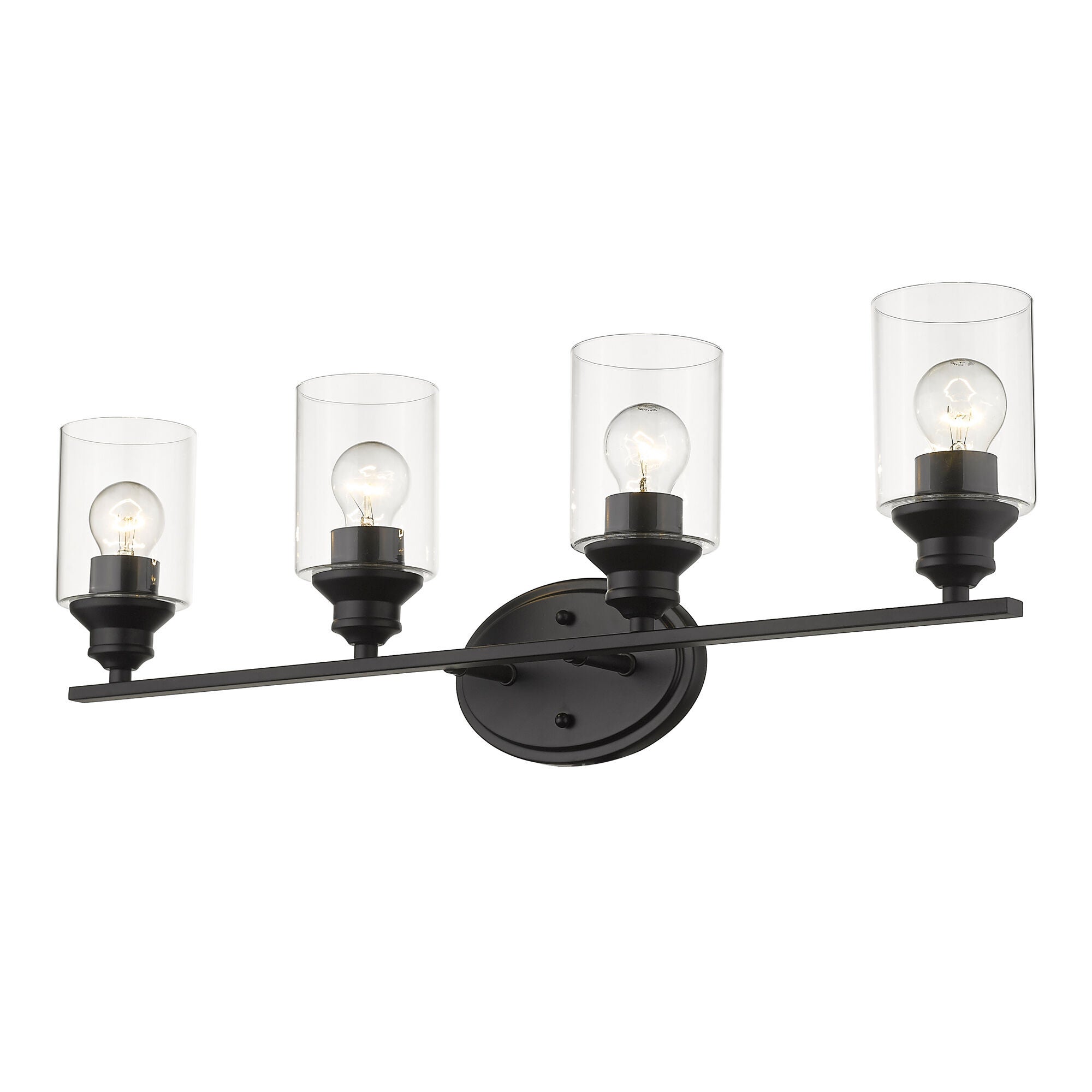 Shown in Matte Black finish and Clear glass and Clear, Cylindrical Glass s shade