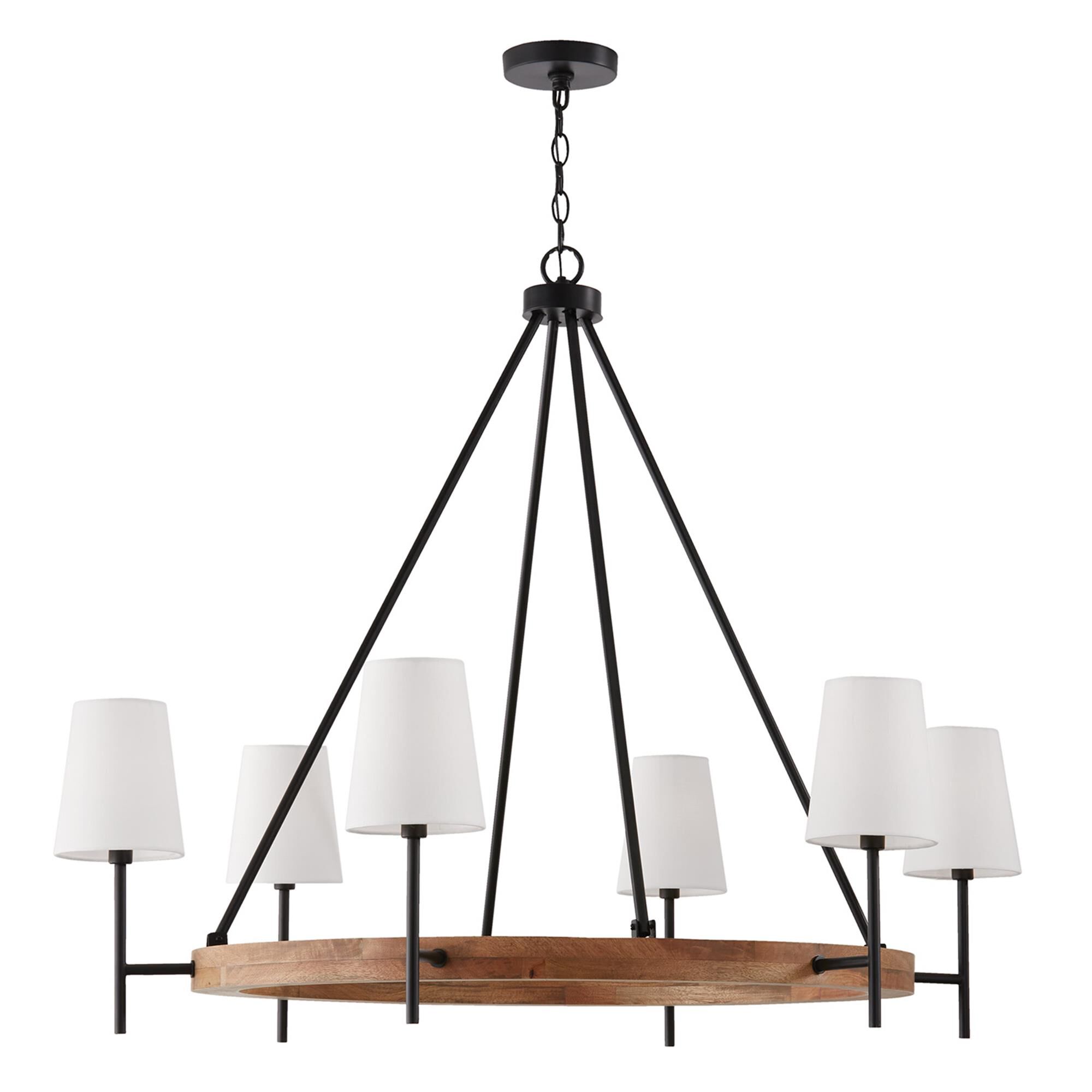 Shown in Light Wood And Matte Black finish and White Fabric Stay-Straight s shade