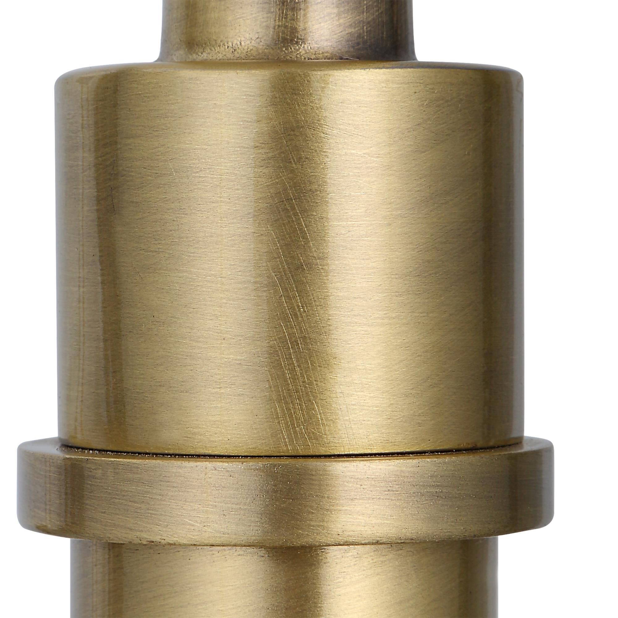 Shown in Antique Brushed Brass finish and Round Drum Hardback shade