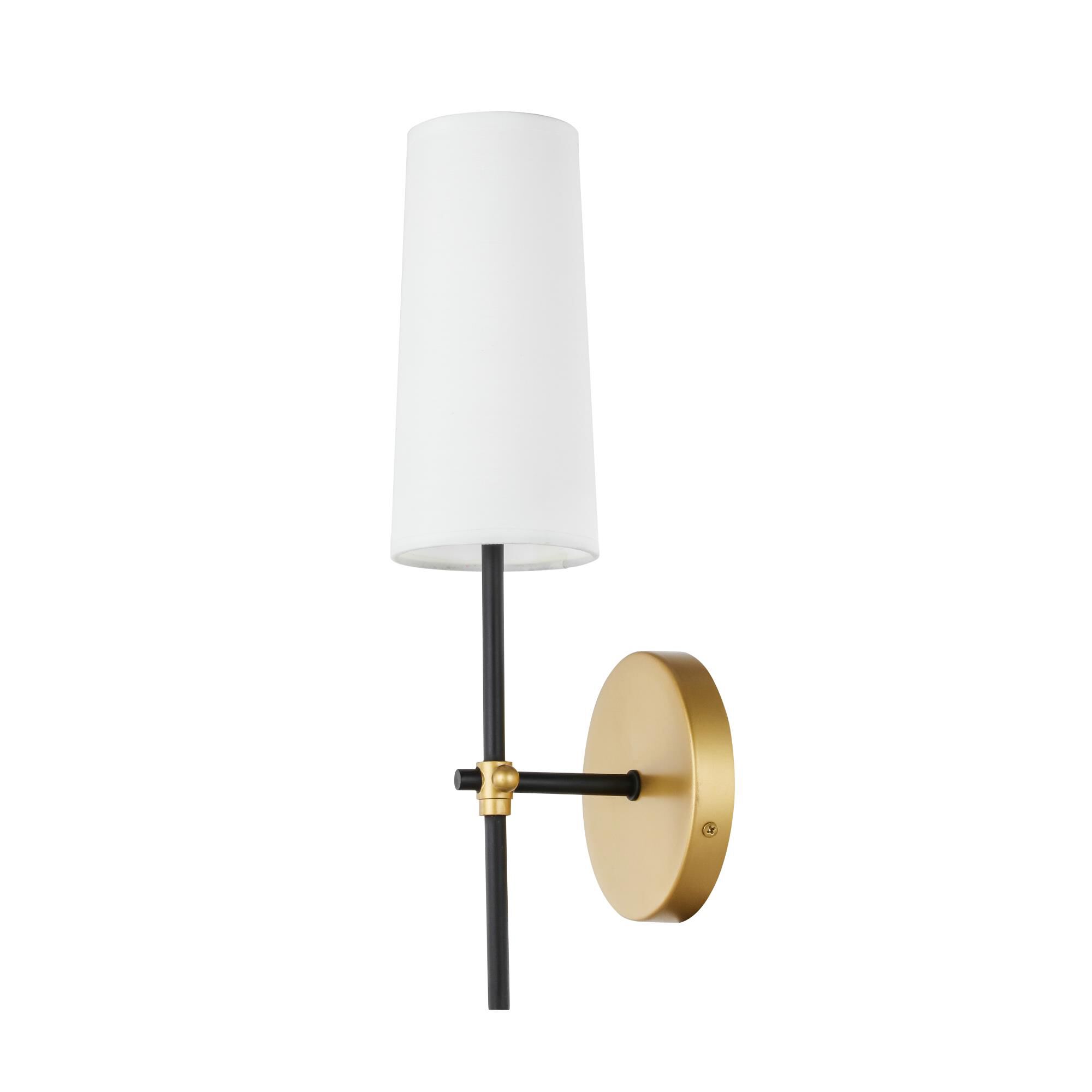 Shown in Brass And Black finish and White Fabric shade