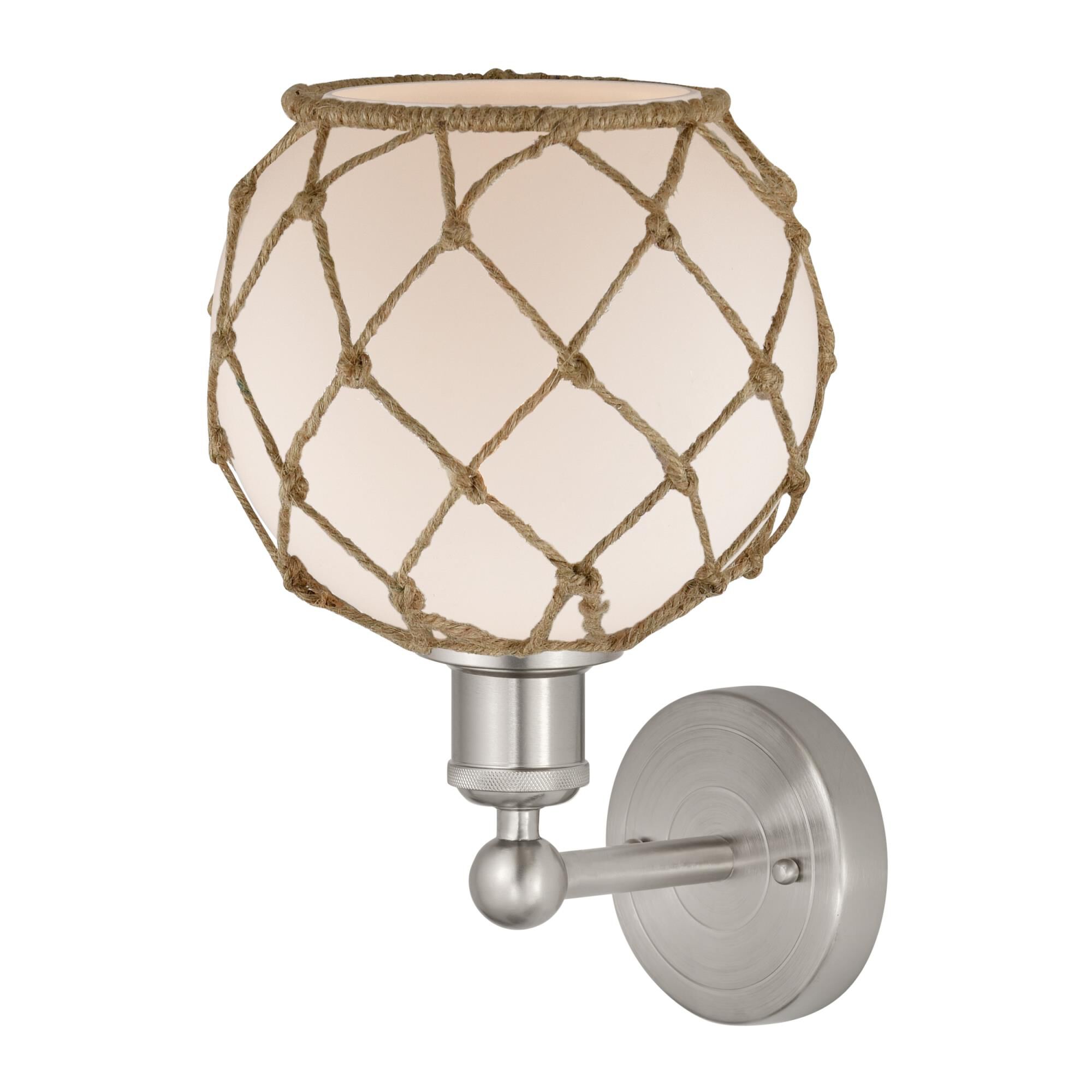 Shown in Brushed Satin Nickel finish and White with Brown Rope glass