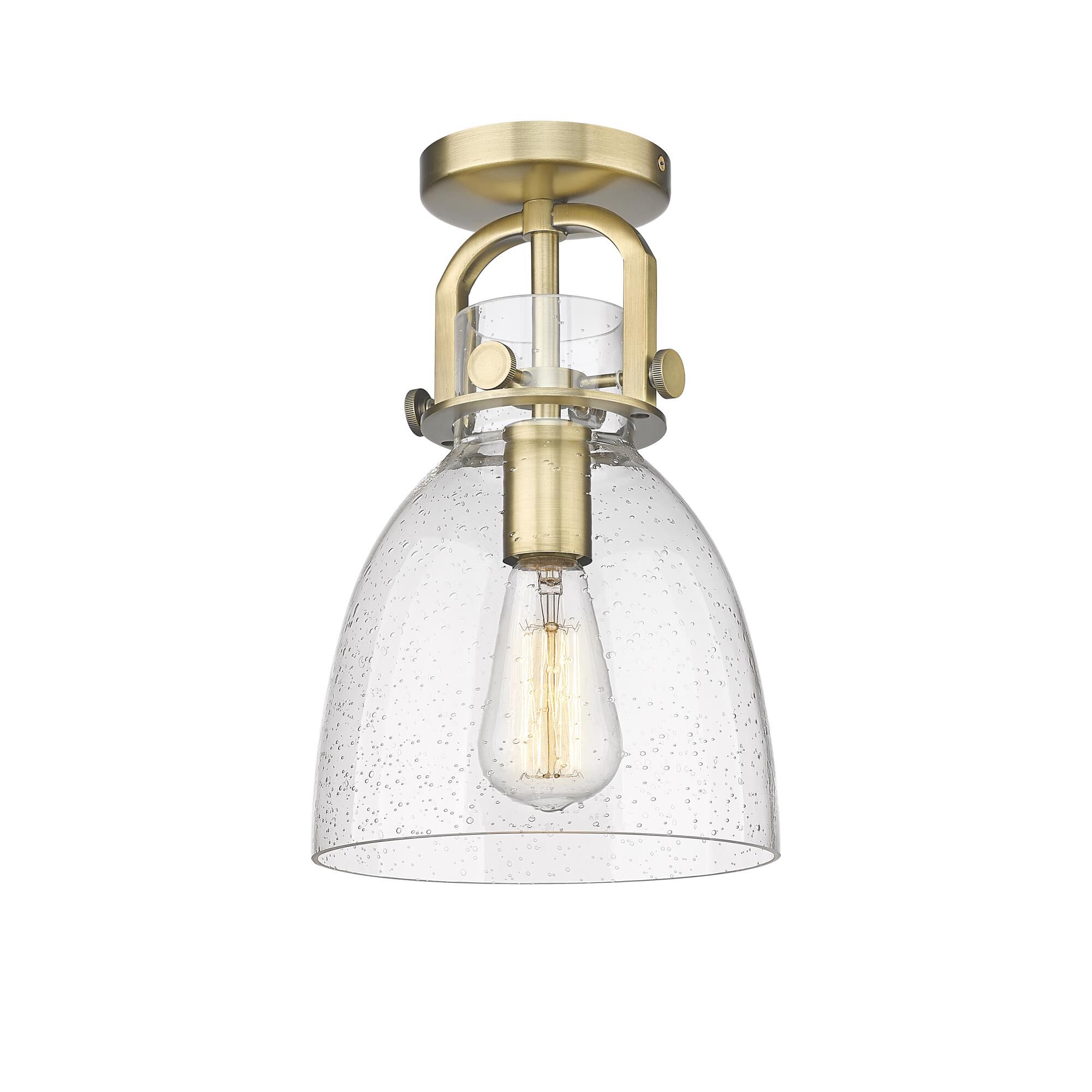 Shown in Brushed Brass finish and Seedy glass