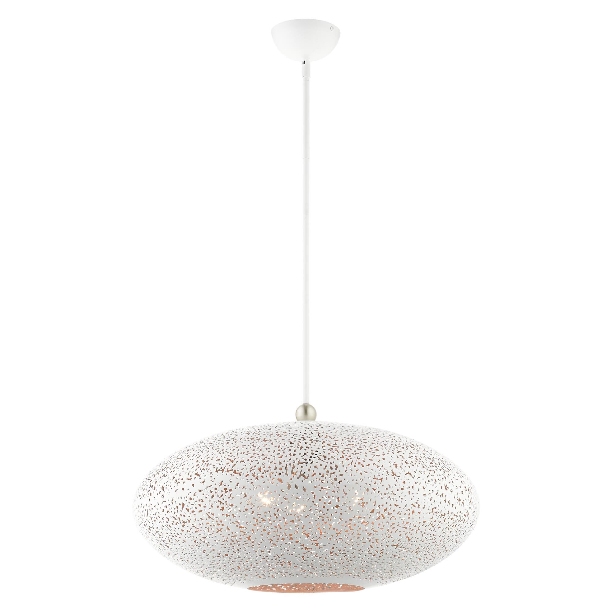 Shown in White With Brushed Nickel Accents finish and White Filigreed Metal Shade With Gold Finish Inside glass and White Filigreed Metal  With Gold Finish Inside shade