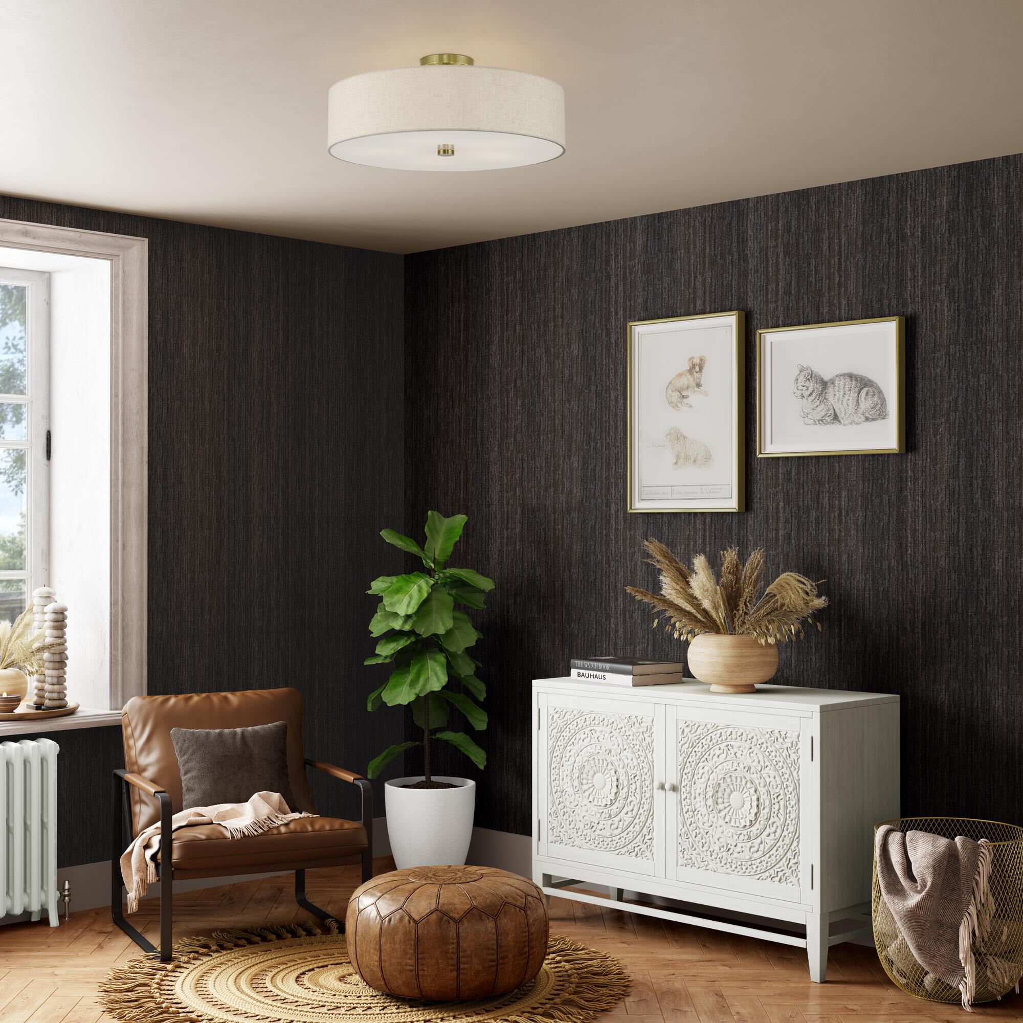 Shown in Antique Brass finish and Hand Crafted Oatmeal Color Fabric with White Color Inside shade