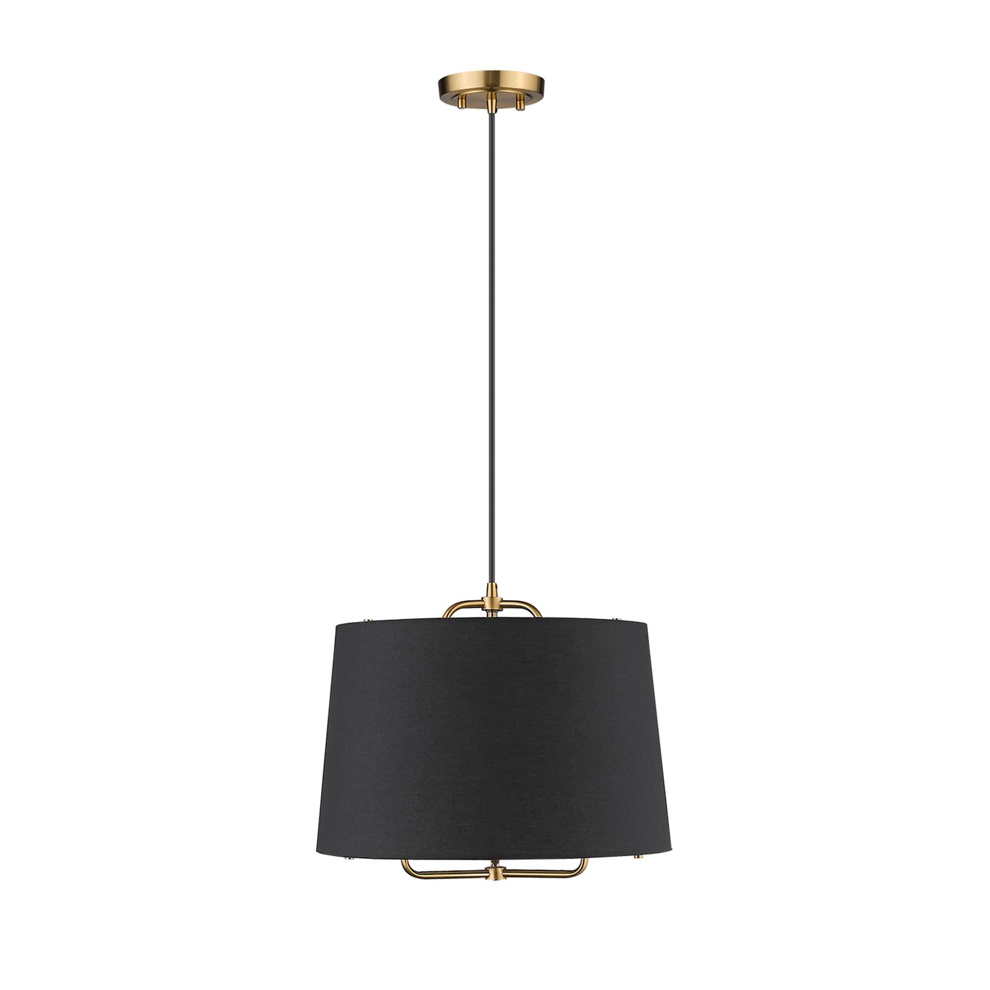 Shown in Gold finish and Matte Black glass and Black Hardback Linen Drum shade