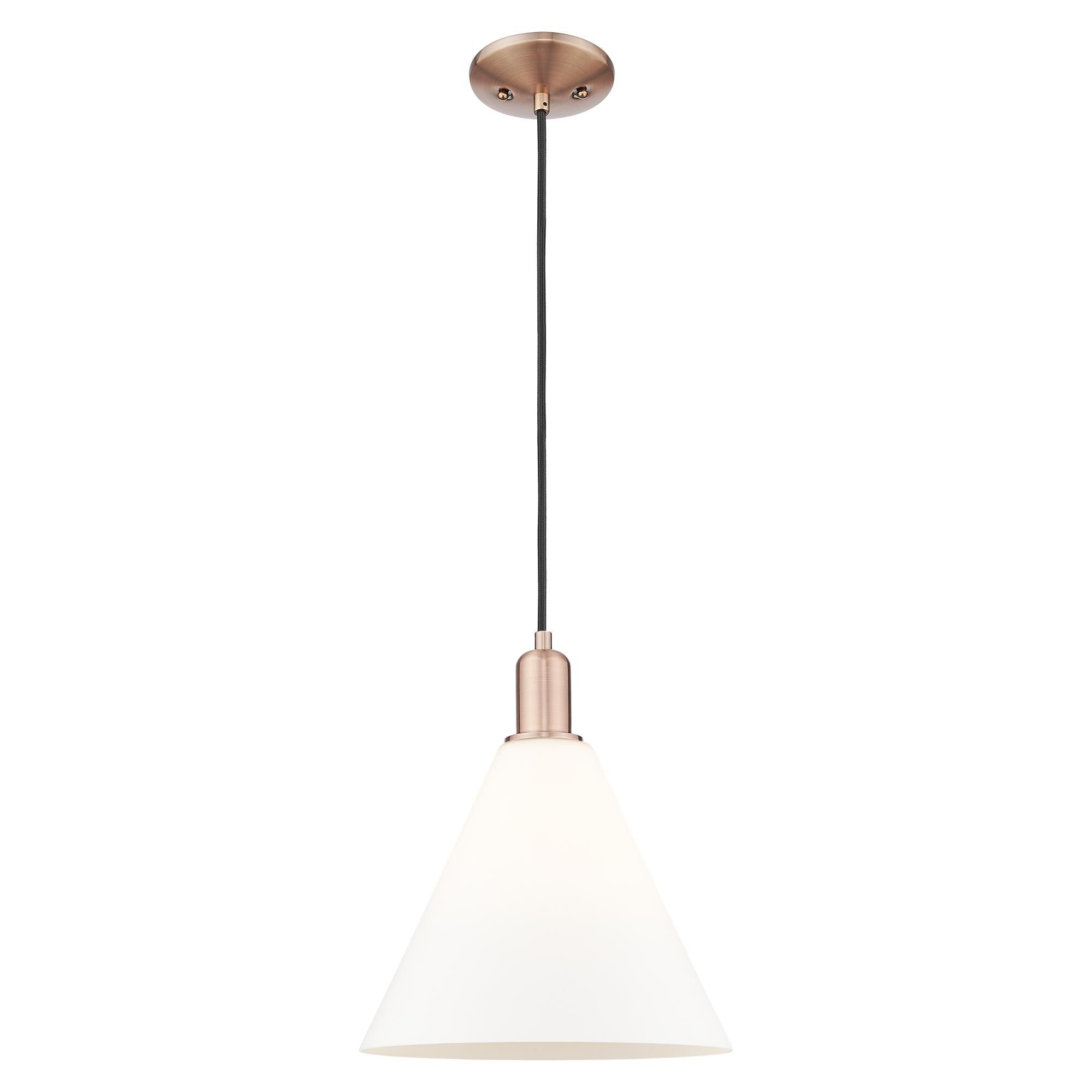 Shown in Antique Copper finish and Matte White glass