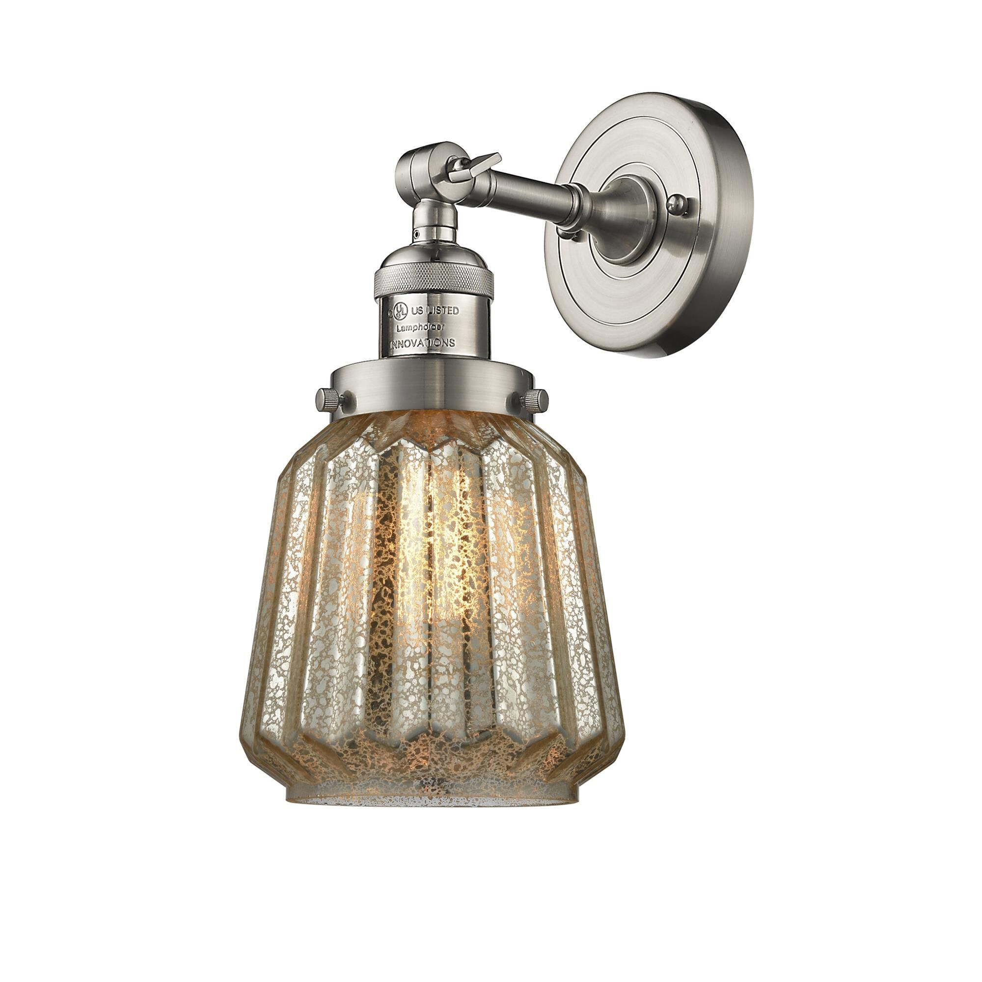 Shown in Brushed Satin Nickel finish and Mercury Fluted glass
