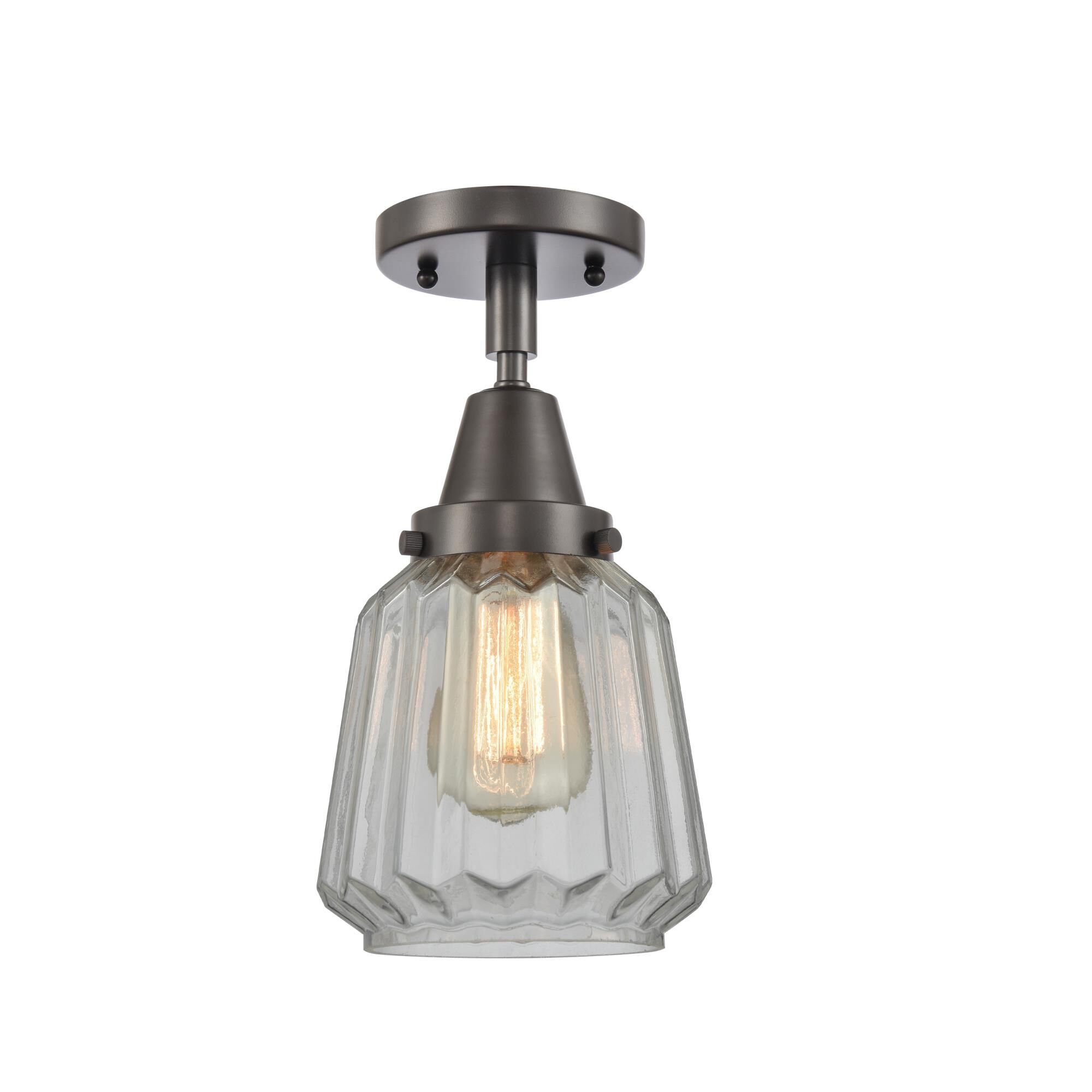 Shown in Oil Rubbed Bronze finish and Clear Chatham glass