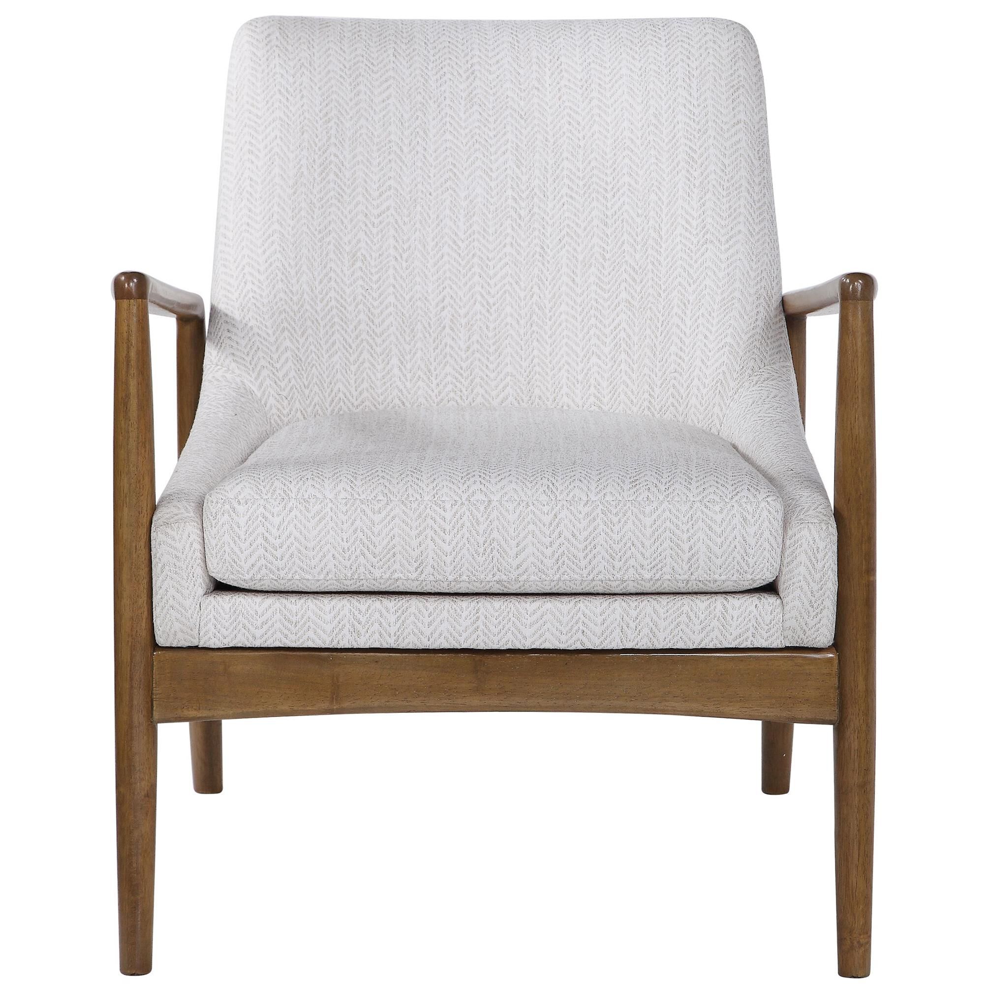 Shown in Scandinavian Style Accent Chair Featuring An Exposed Solid Wood Frame Finished In A Honey Stain And  finish