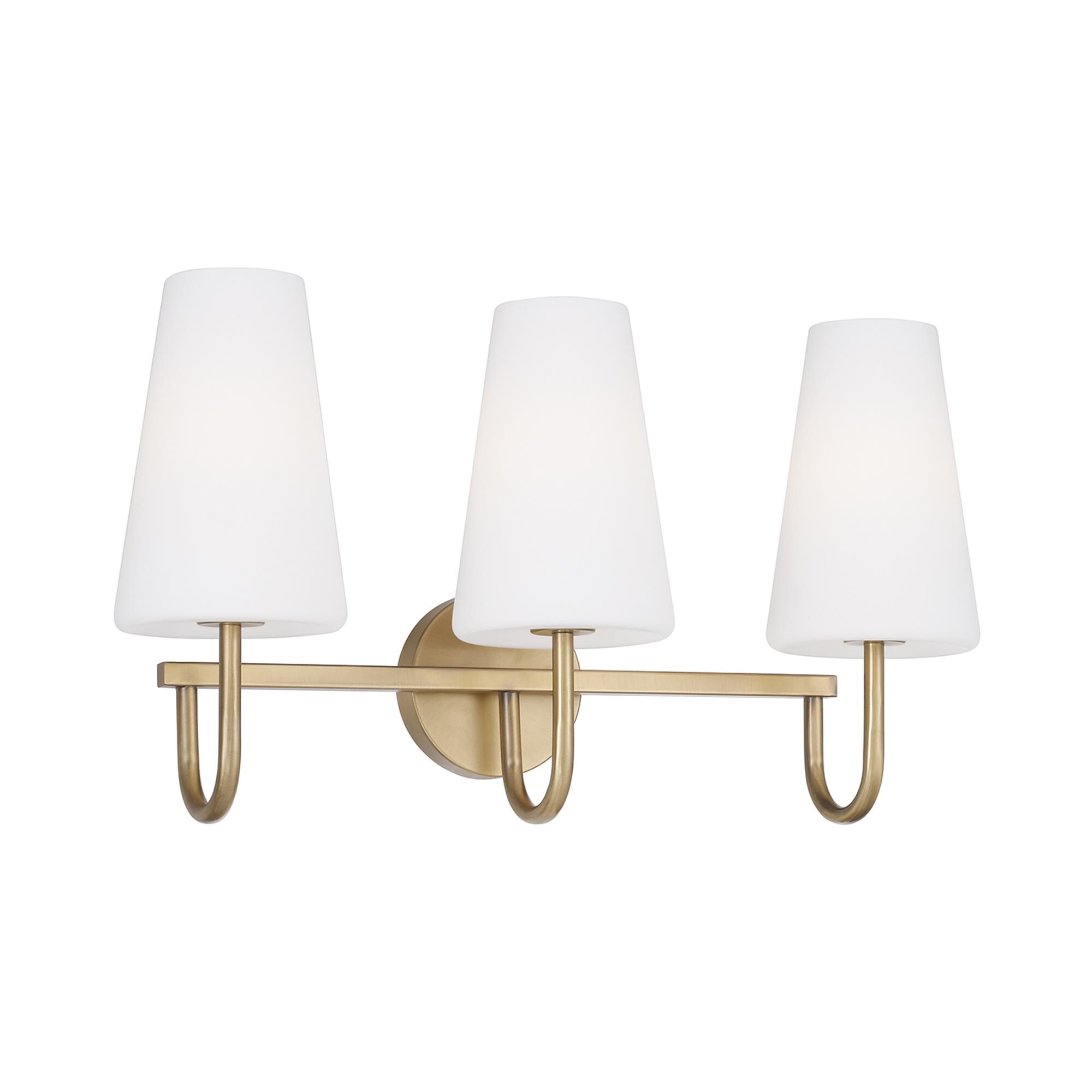 Shown in Aged Brass finish and Soft White glass