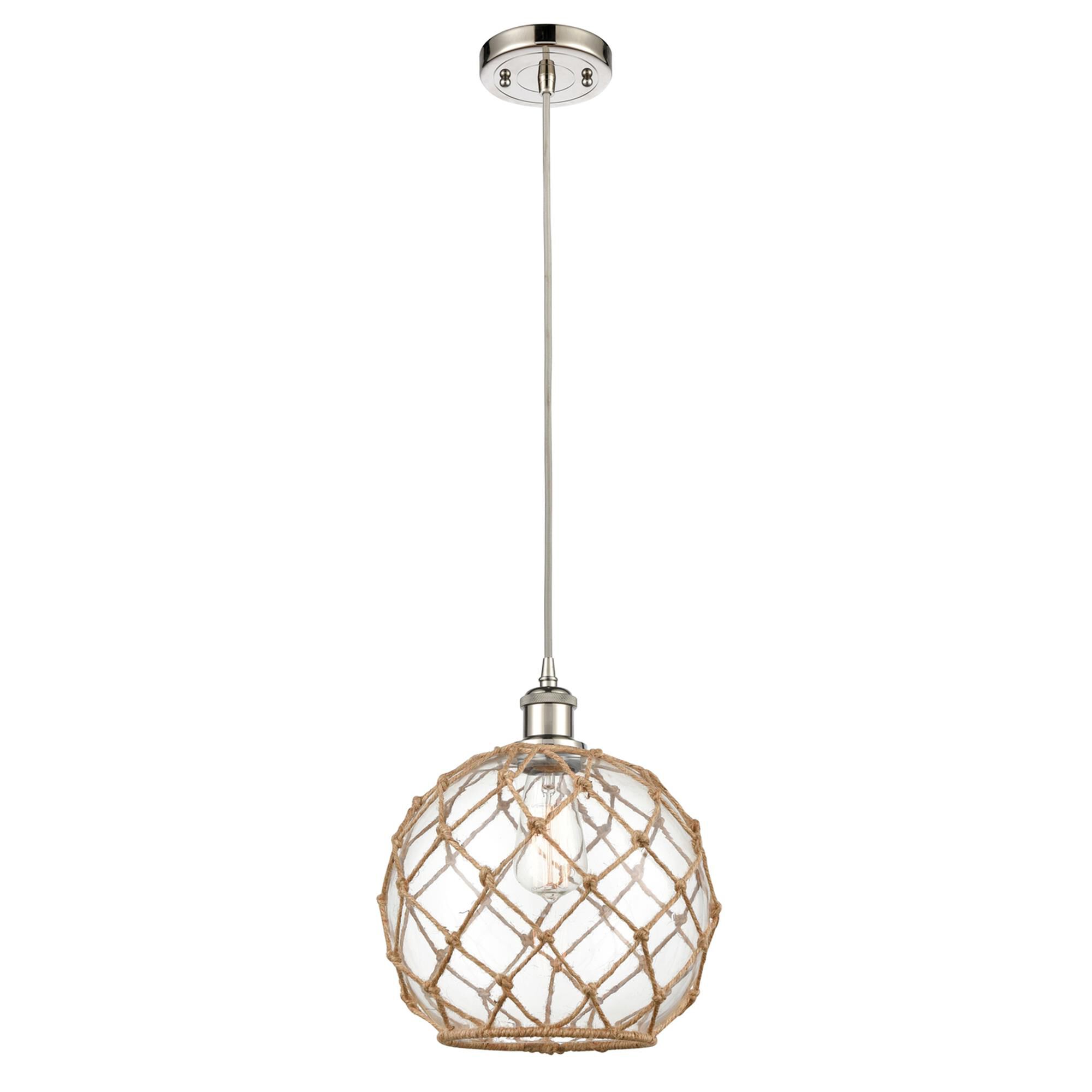 Shown in Polished Nickel finish and Clear Large Farmhousewith Brown Rope glass