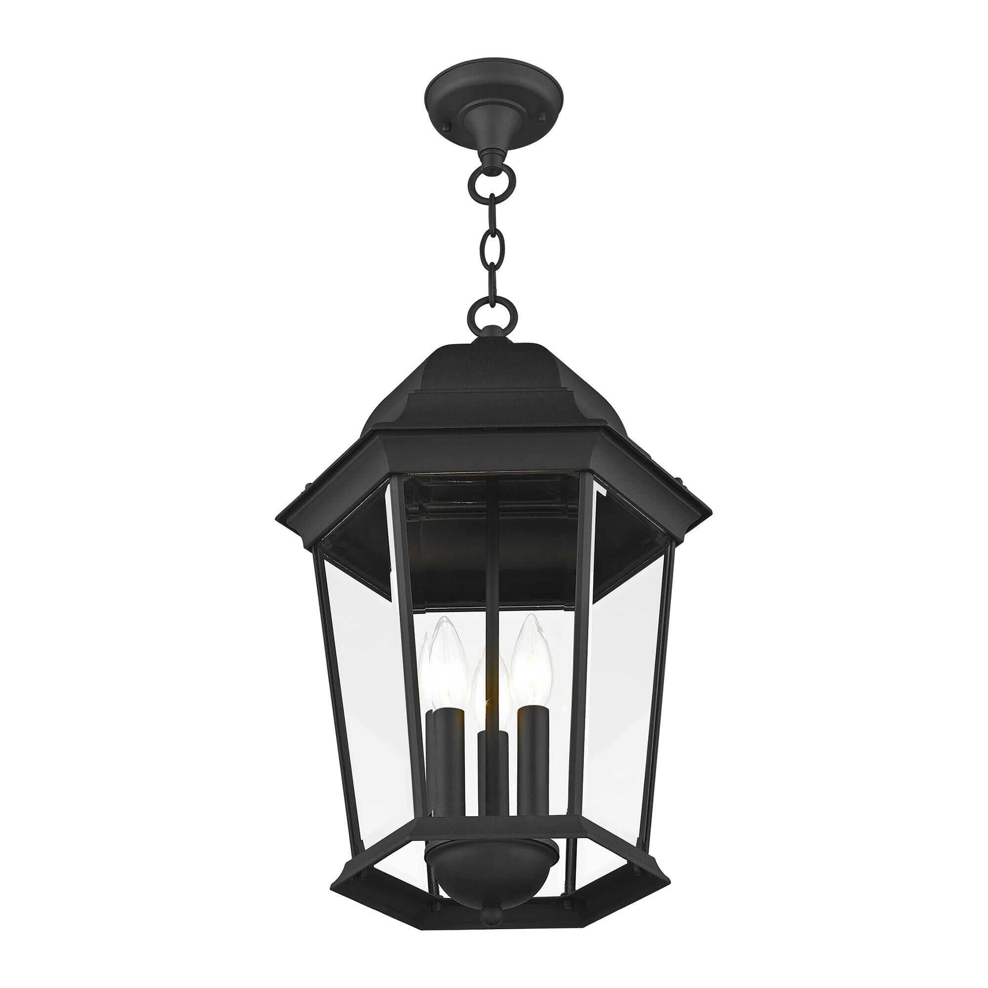 Shown in Textured Black finish and Clear Beveled glass and Clear Beveled Glass shade