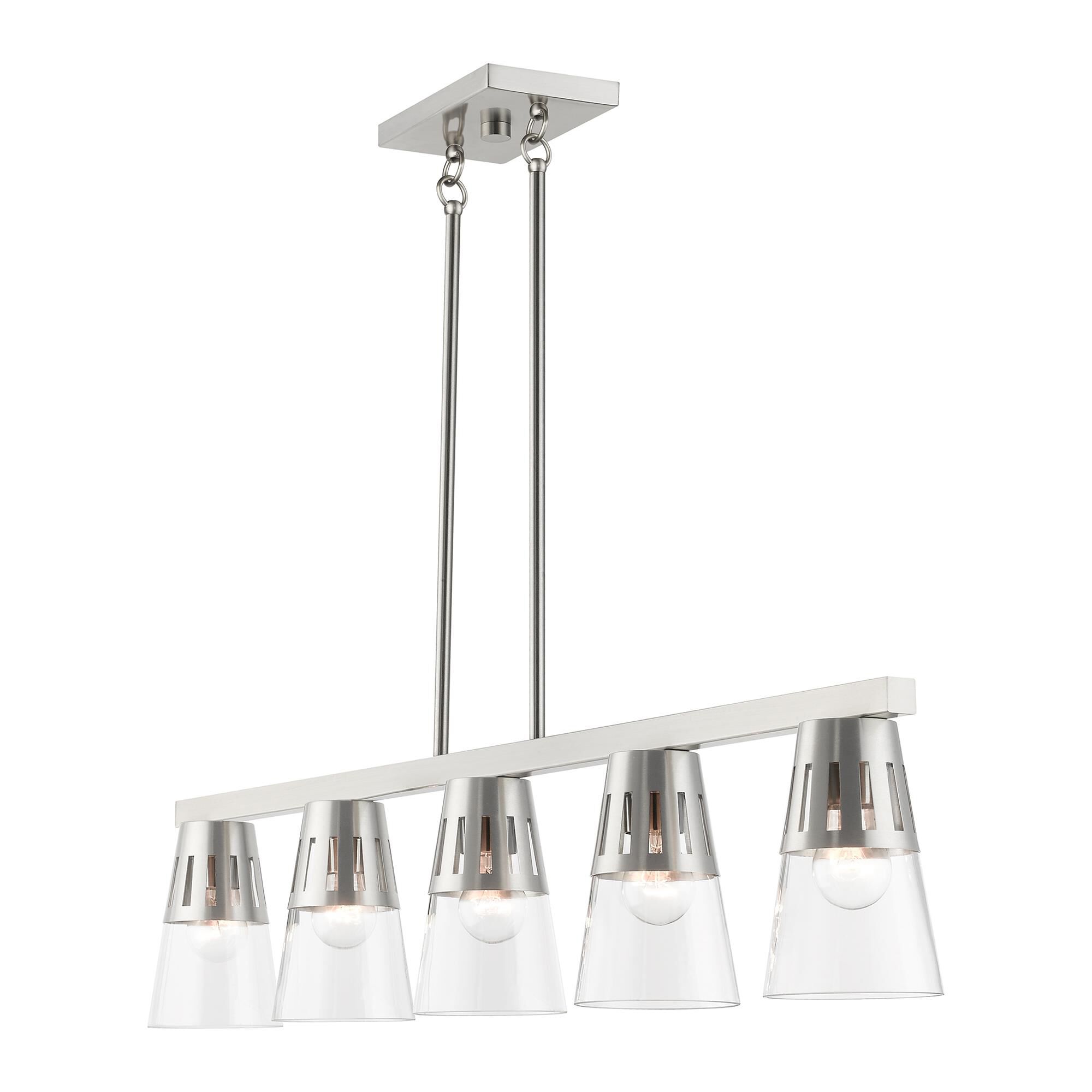 Shown in Brushed Nickel finish and Clear Hand Blown glass